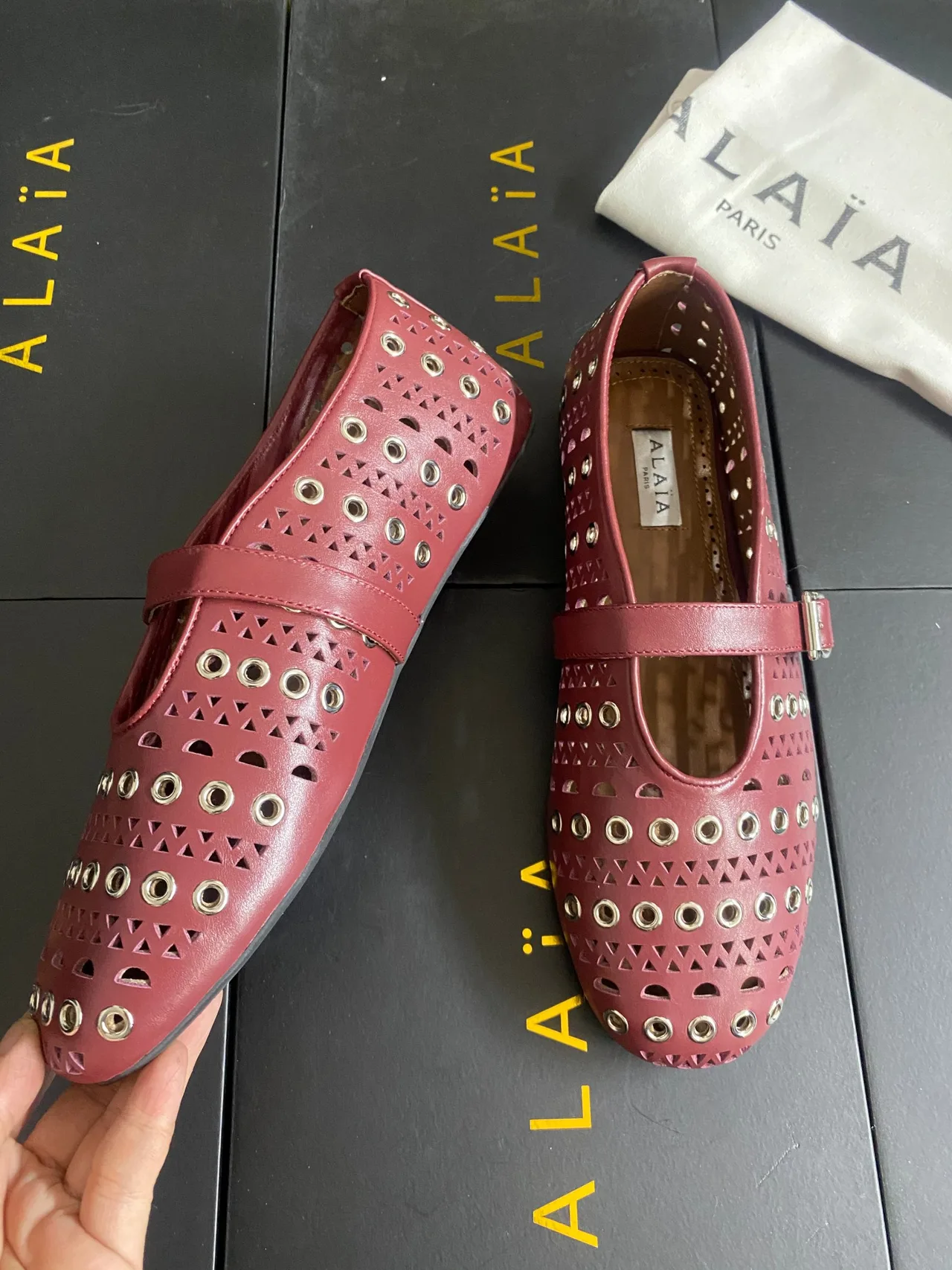 Alaia Cowhide Sheepskin Studded Mary Jane Flats in Burgundy · view 4