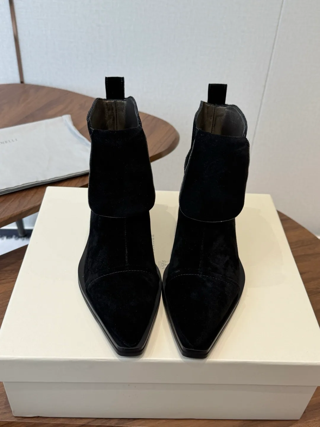 Brunello Cucinelli Pointed-Toe Suede Ankle Boots in Black · view 1