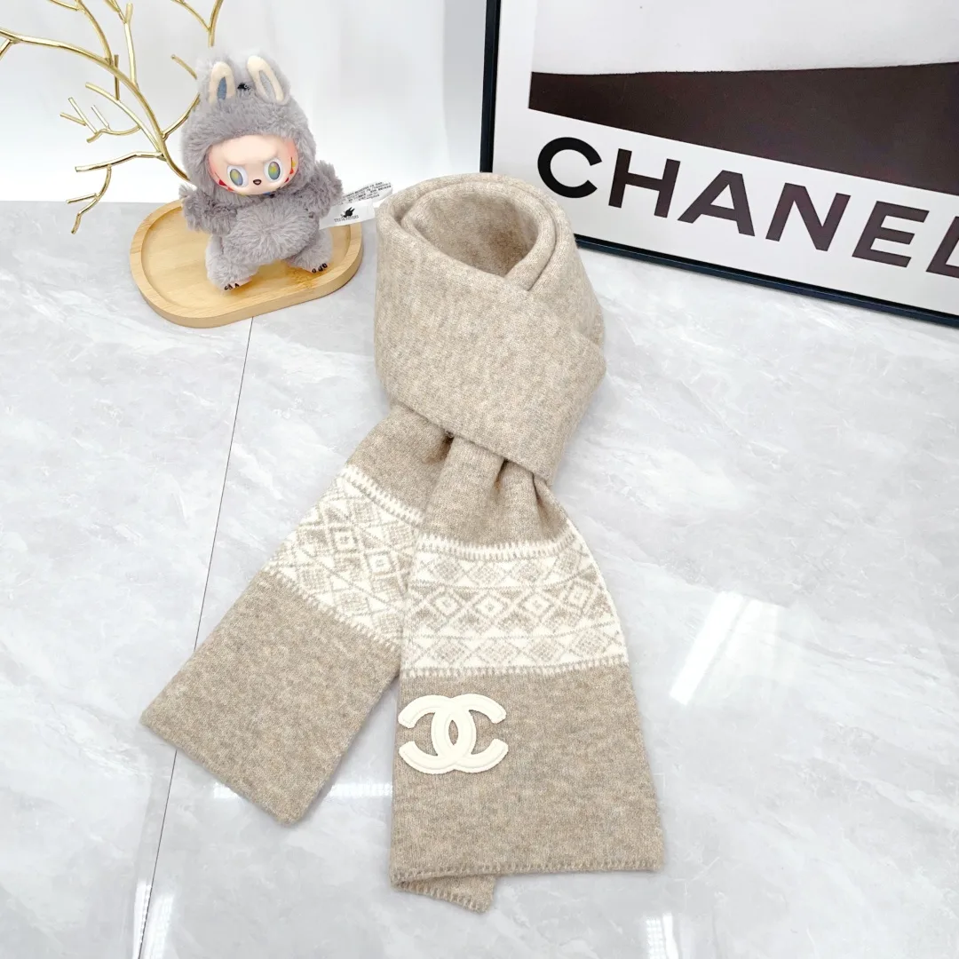 Chanel 50% Wool 50% Acrylic Ribbed Beanie, Scarf and Gloves Set in Beige · view 5