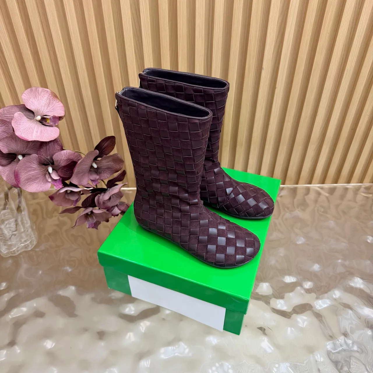 Bottega Veneta Woven Glossy Pointed-Toe Ankle Boots in Brown · view 1