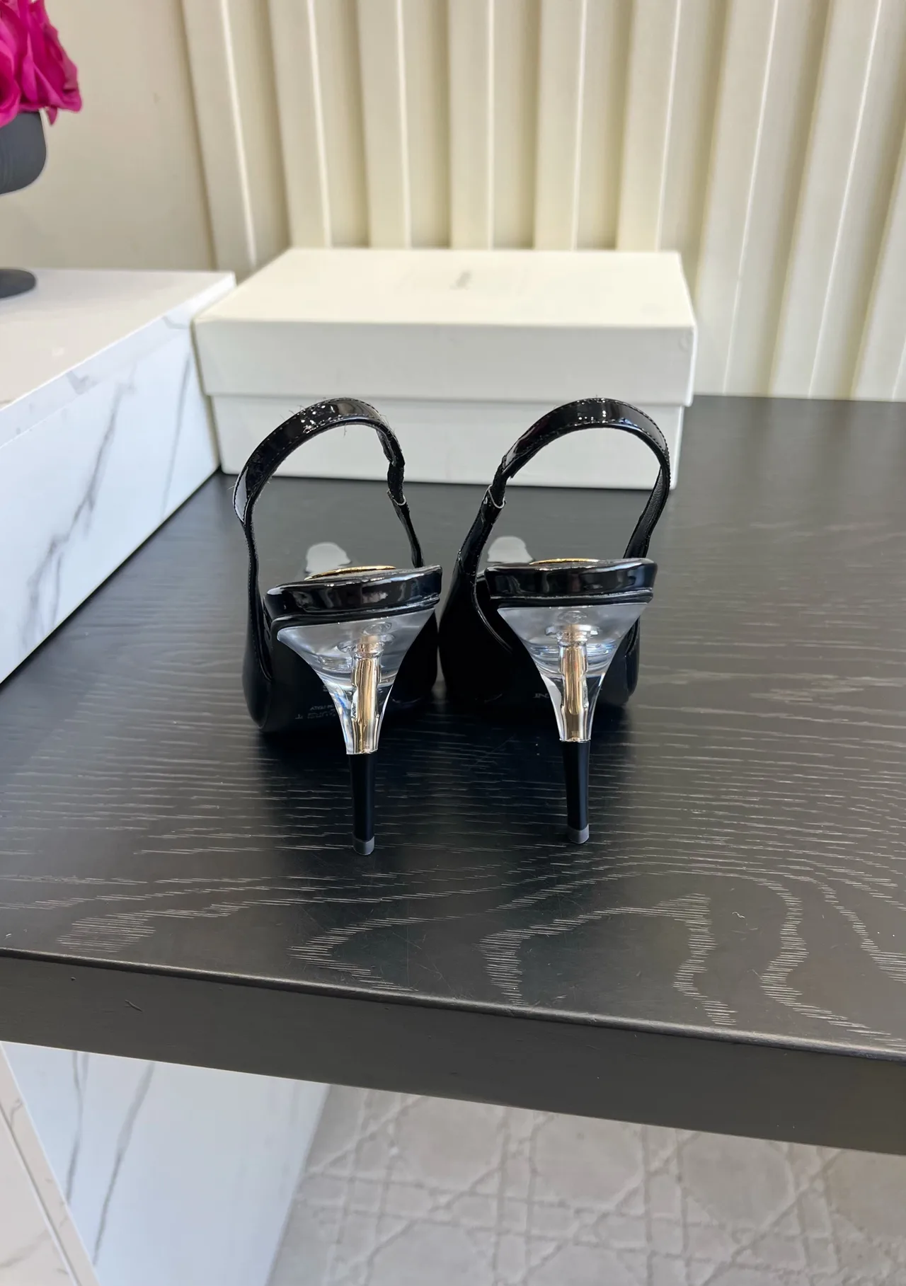 Saint Laurent Cowhide Silk Glossy Pointed-Toe Buckle Slingback Heels in Black · view 5