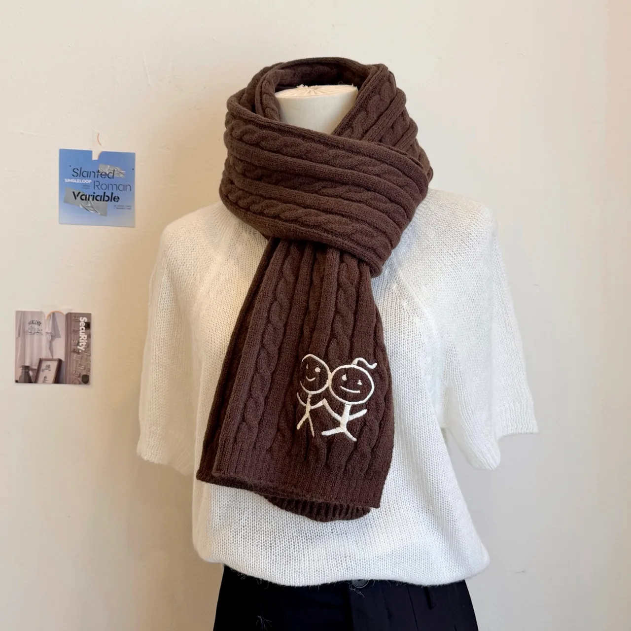 Embroidered Stick-Figure Ribbed Scarf in Brown · view 2