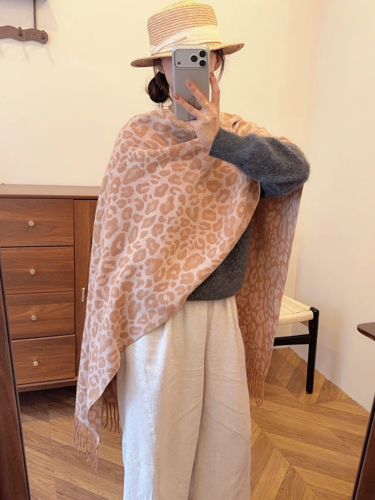 Leopard-Pattern Fringed Scarf in Brown & Pink & Red & Grey · view 2