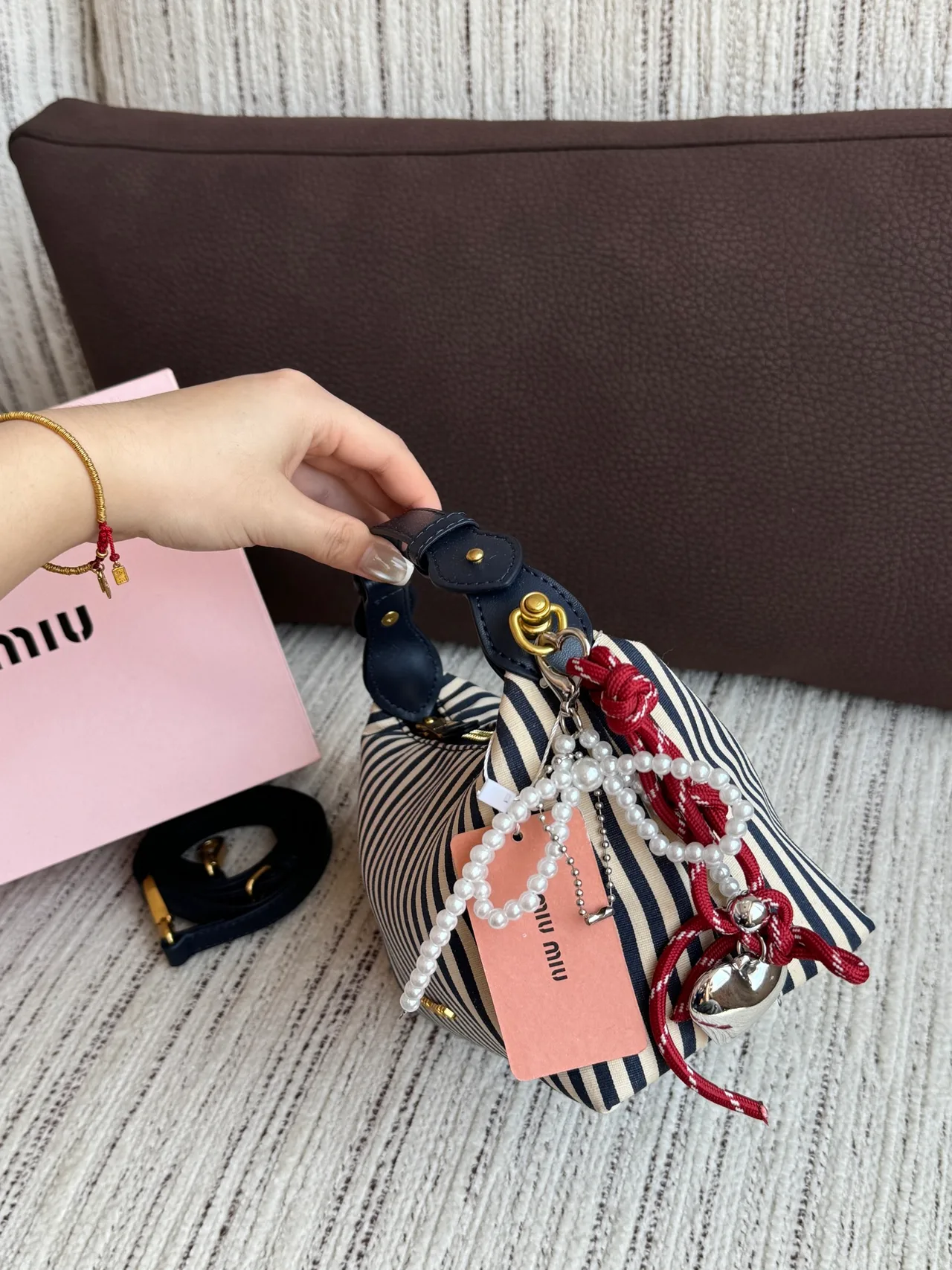 Miu Miu Striped Hobo Bag in White · view 1