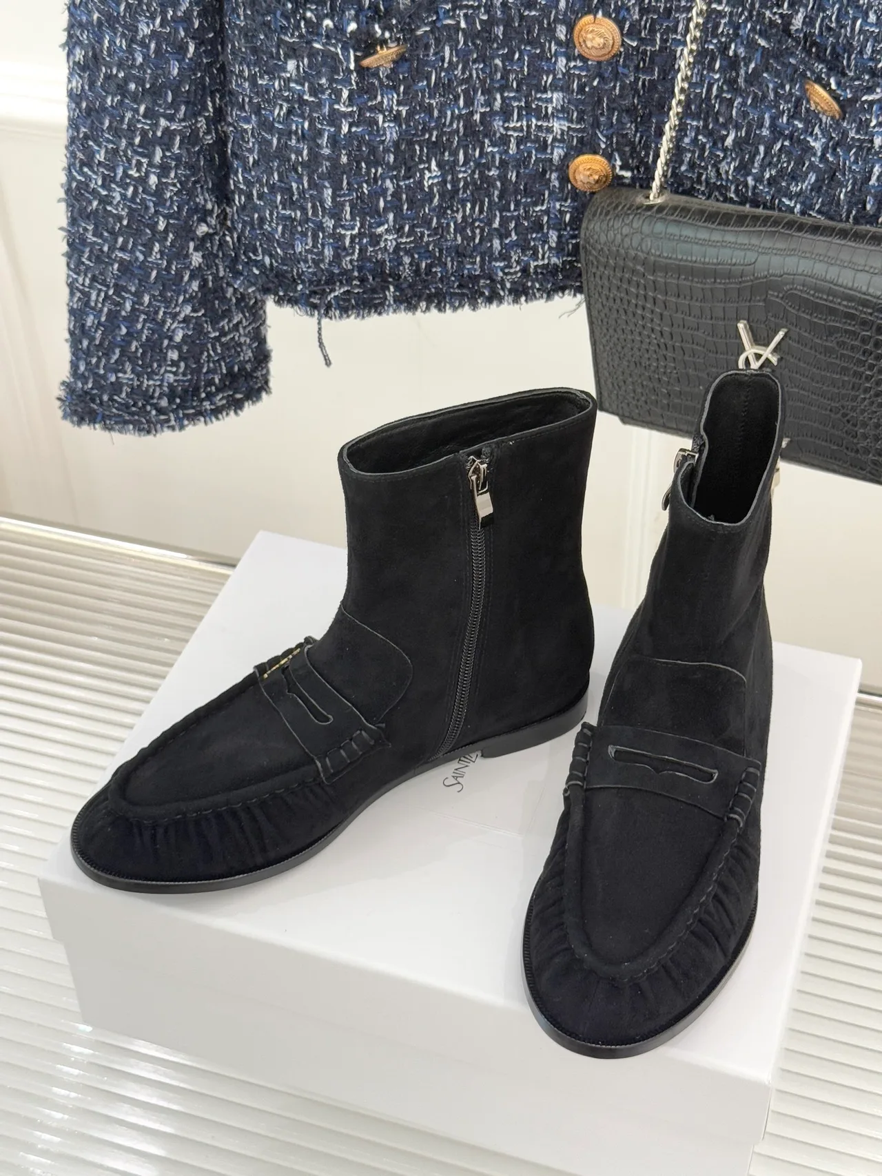 Saint Laurent Glossy Suede-Look Round-Toe Ankle Boots in Black · view 2