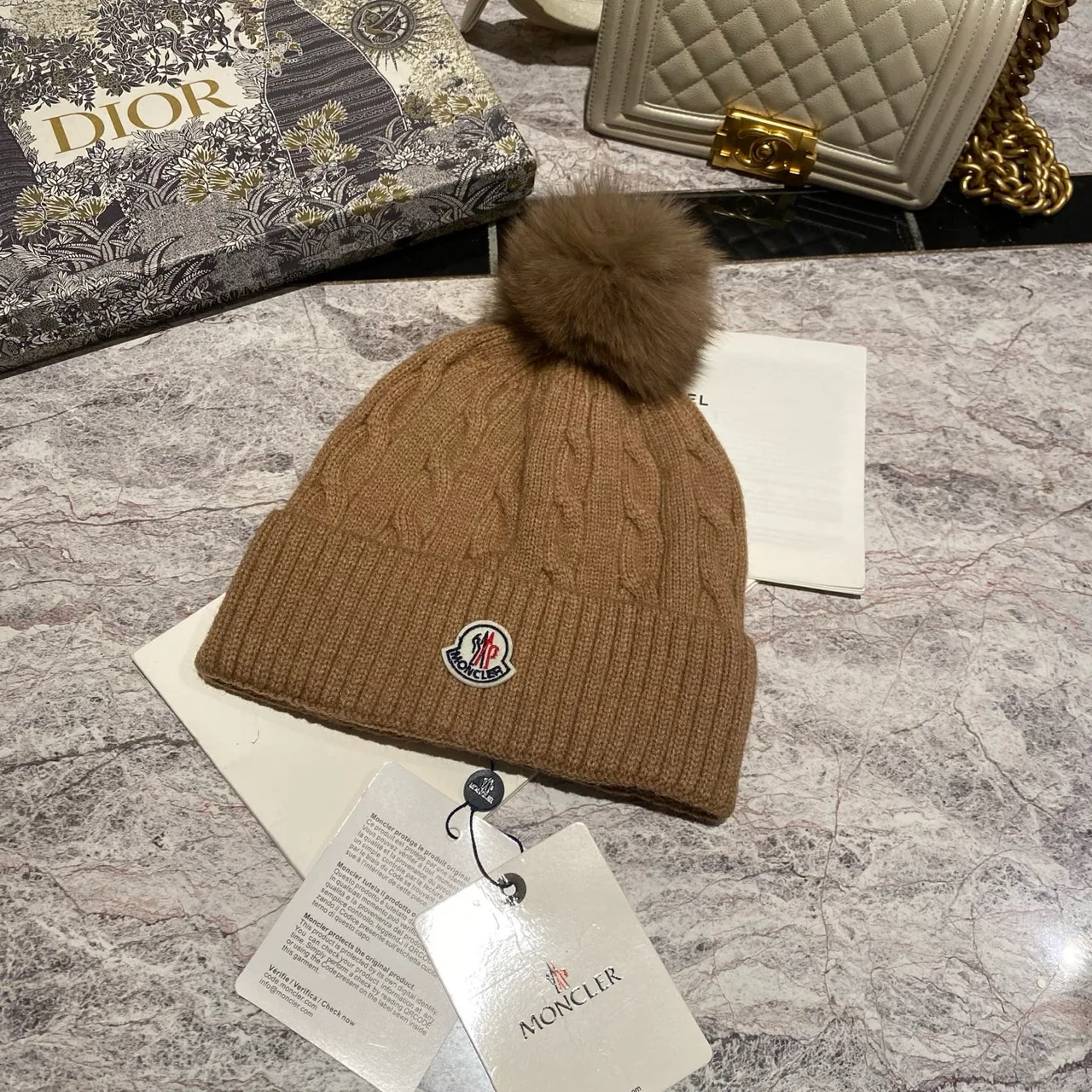 Moncler Pom-Pom Beanie in Black & White & Grey & Tan & Blue & Burgundy & Cream & Pink · view 4