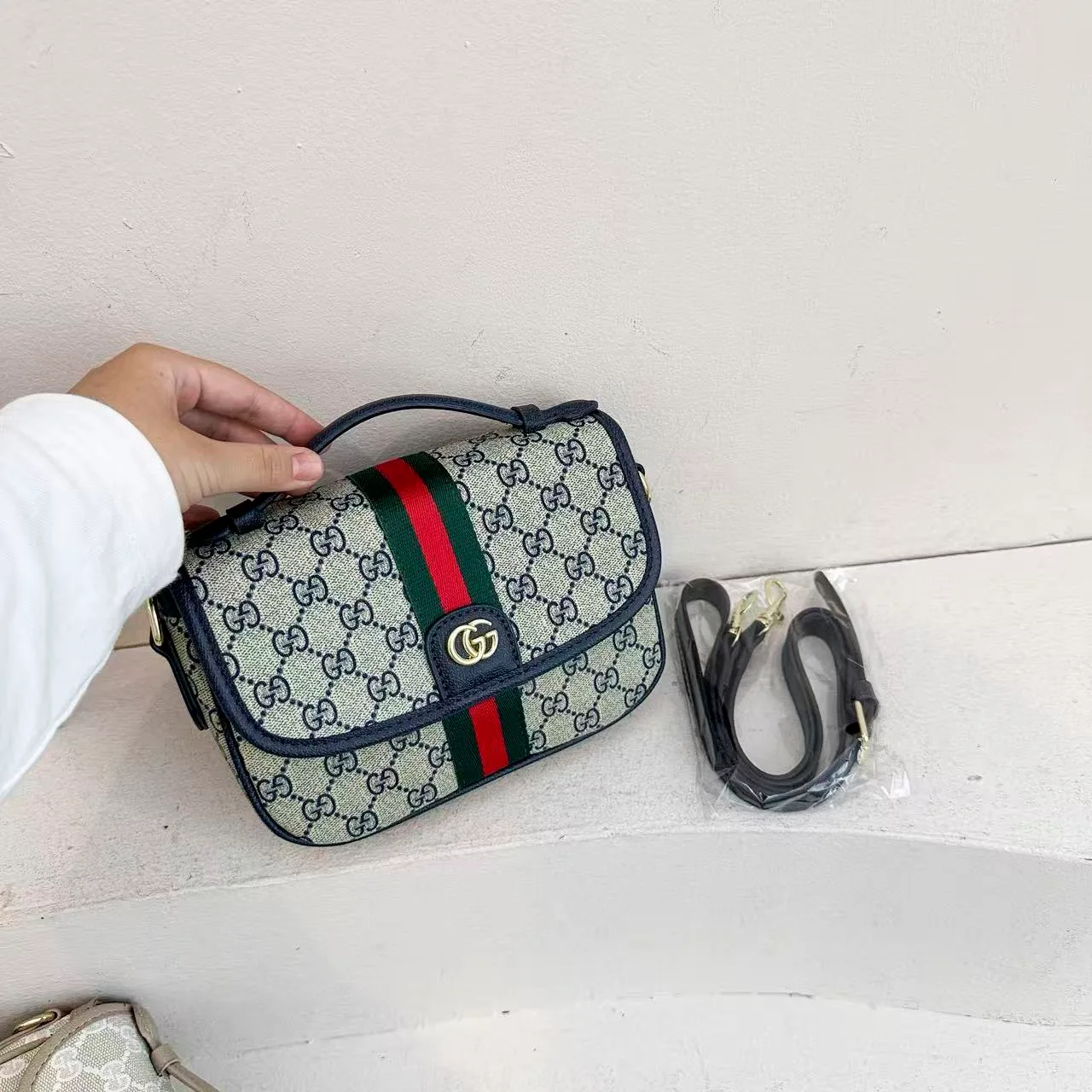 Gucci GG web-stripe camera bag in Grey & Cream & Black & Brown · view 1