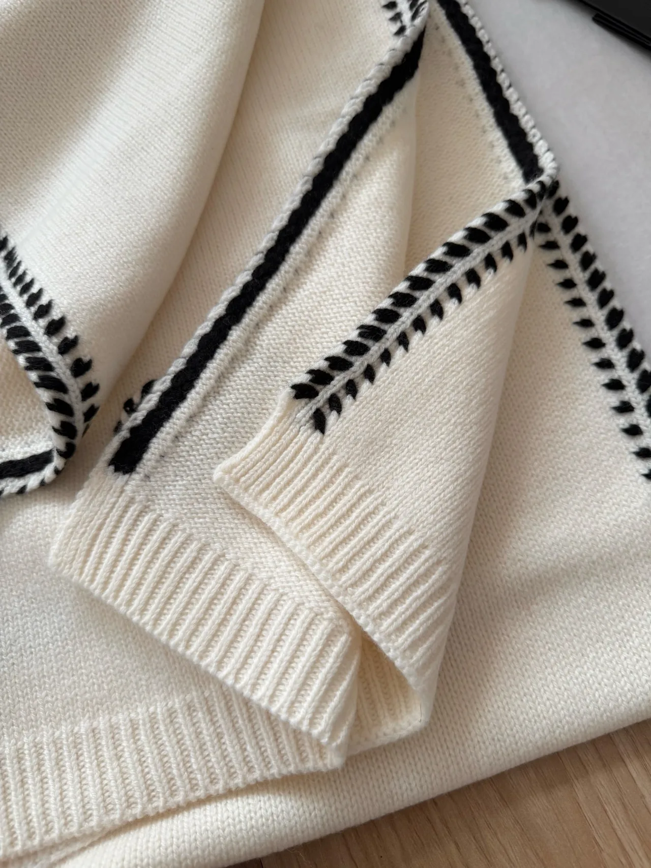 Chanel Cashmere Striped Embroidered Scarf in Cream · view 6