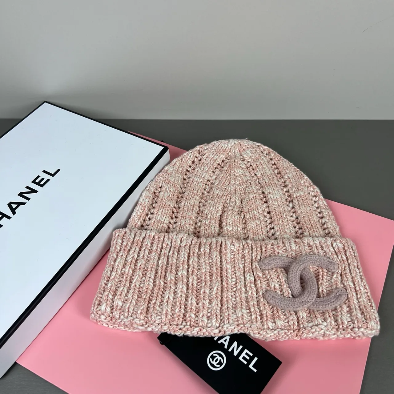 Chanel Raised-logo knit beanie in Black & Pink · view 6