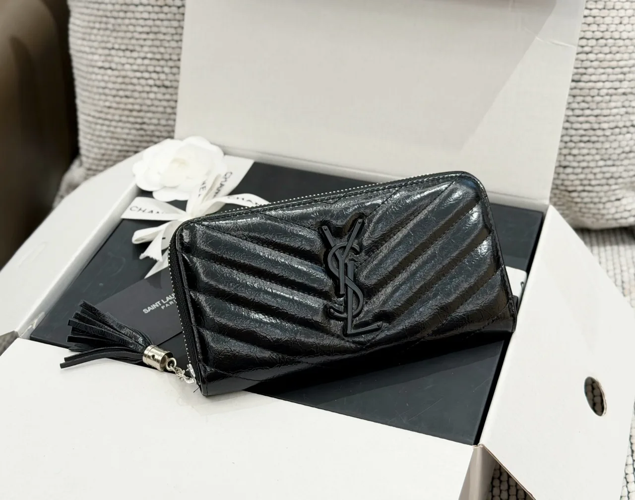 Saint Laurent Long Wallet in Beige & Black & Brown · view 2
