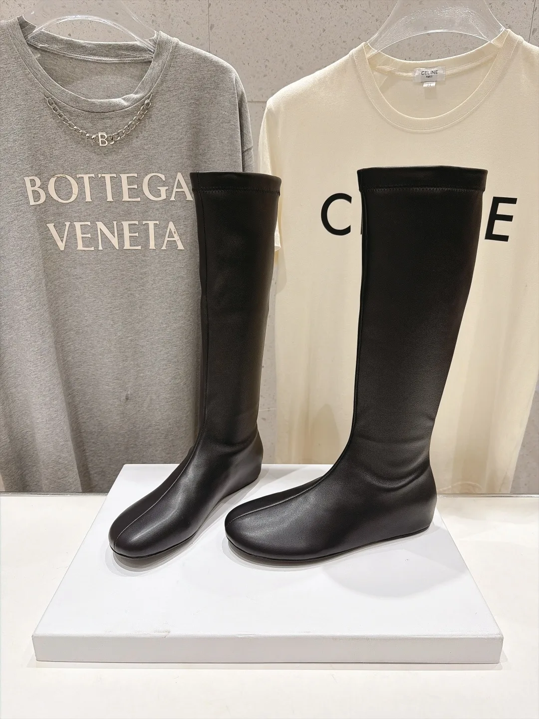 Silk Glossy Round-Toe Minimal Knee-High Boots in Black · view 4
