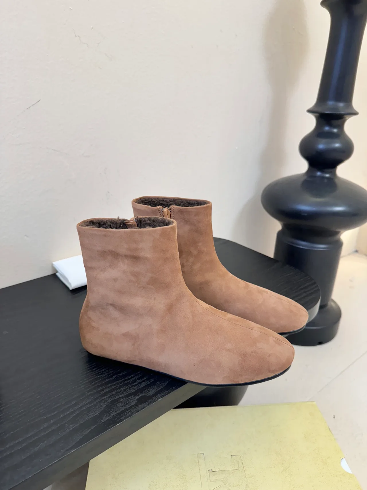 The Row Glossy Suede-Look Round-Toe Shearling Ankle Boots in Grey · view 2