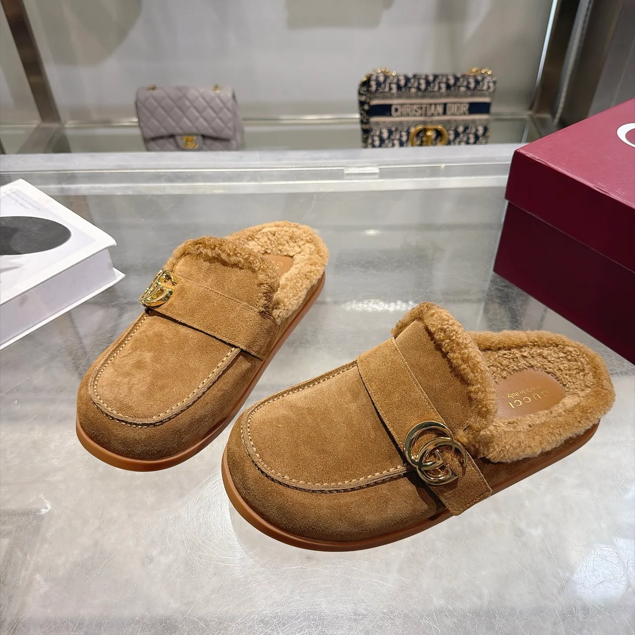Gucci Cowhide Wool Suede-Look Mules in Tan · view 3