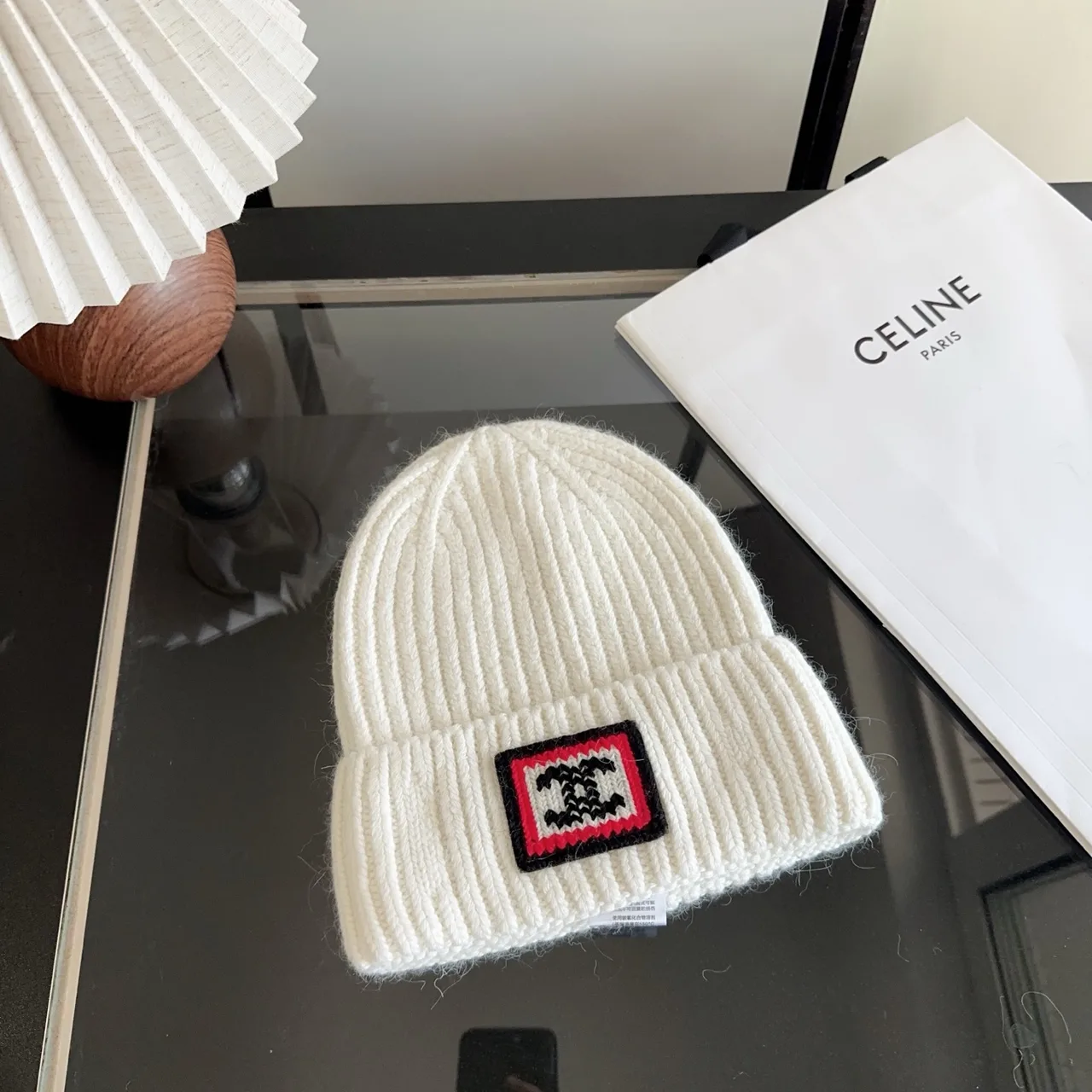 Chanel Patch Ribbed Beanie in White & Black & Blue & Grey · view 3
