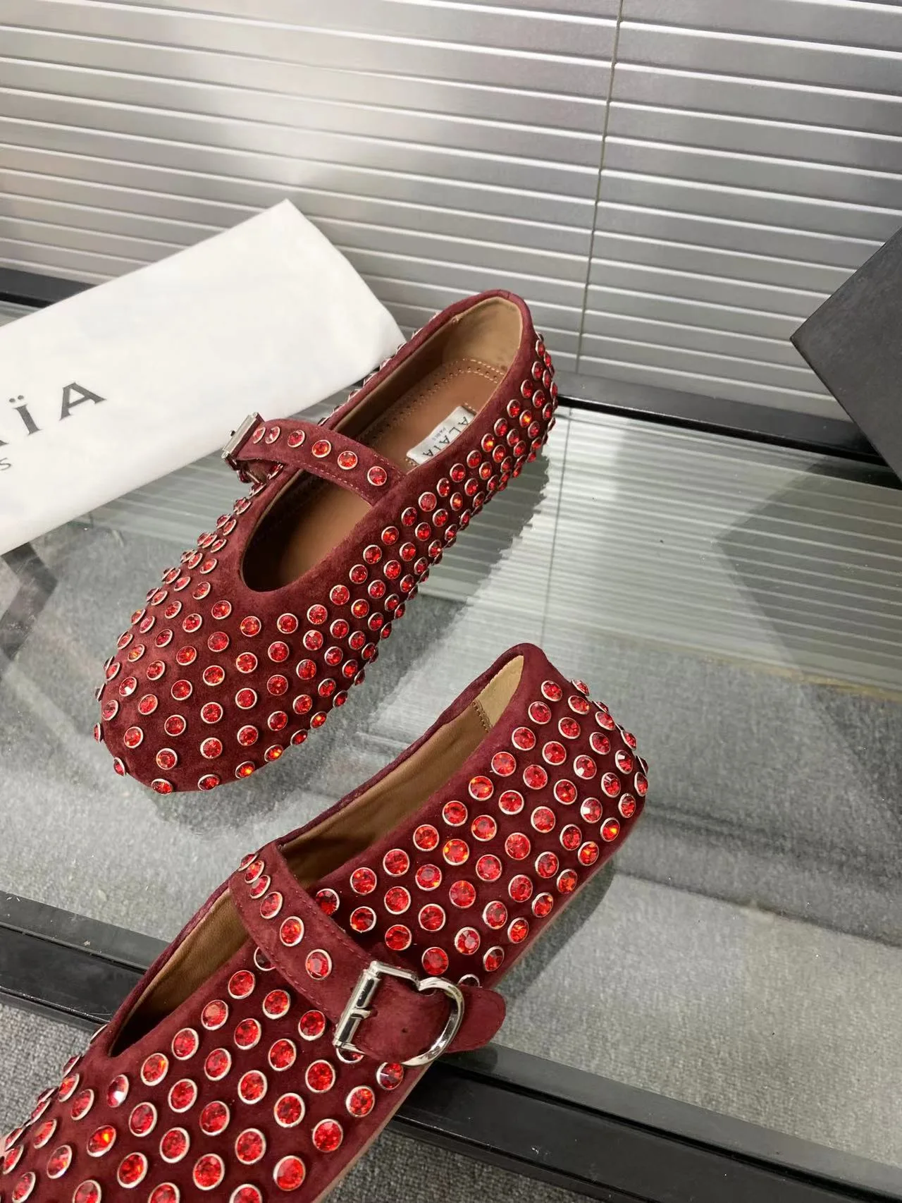 Alaia Cowhide Sheepskin Glossy Round-Toe Ballet Flats in Burgundy · view 6