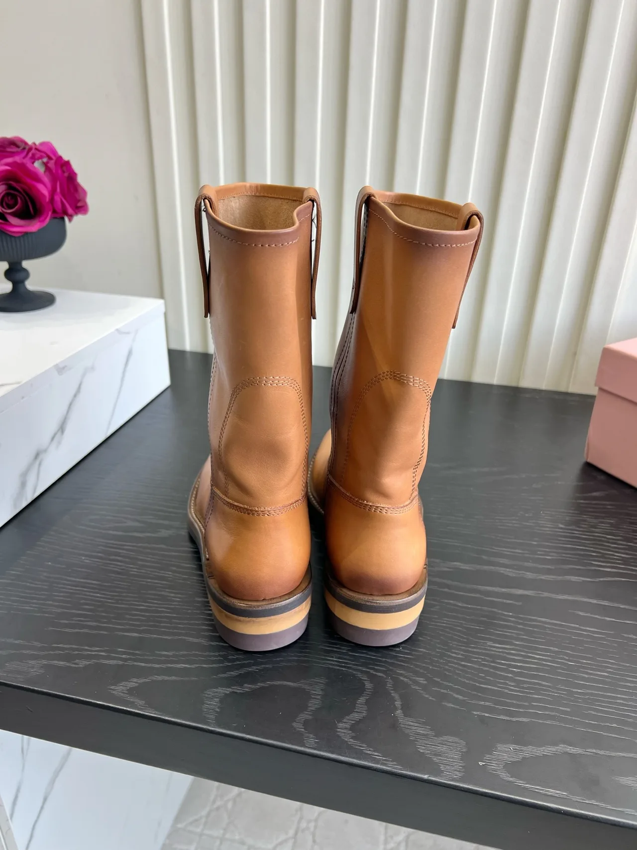 Miu Miu Cowhide Smooth Round-Toe Mid-Calf Boots in Tan · view 4