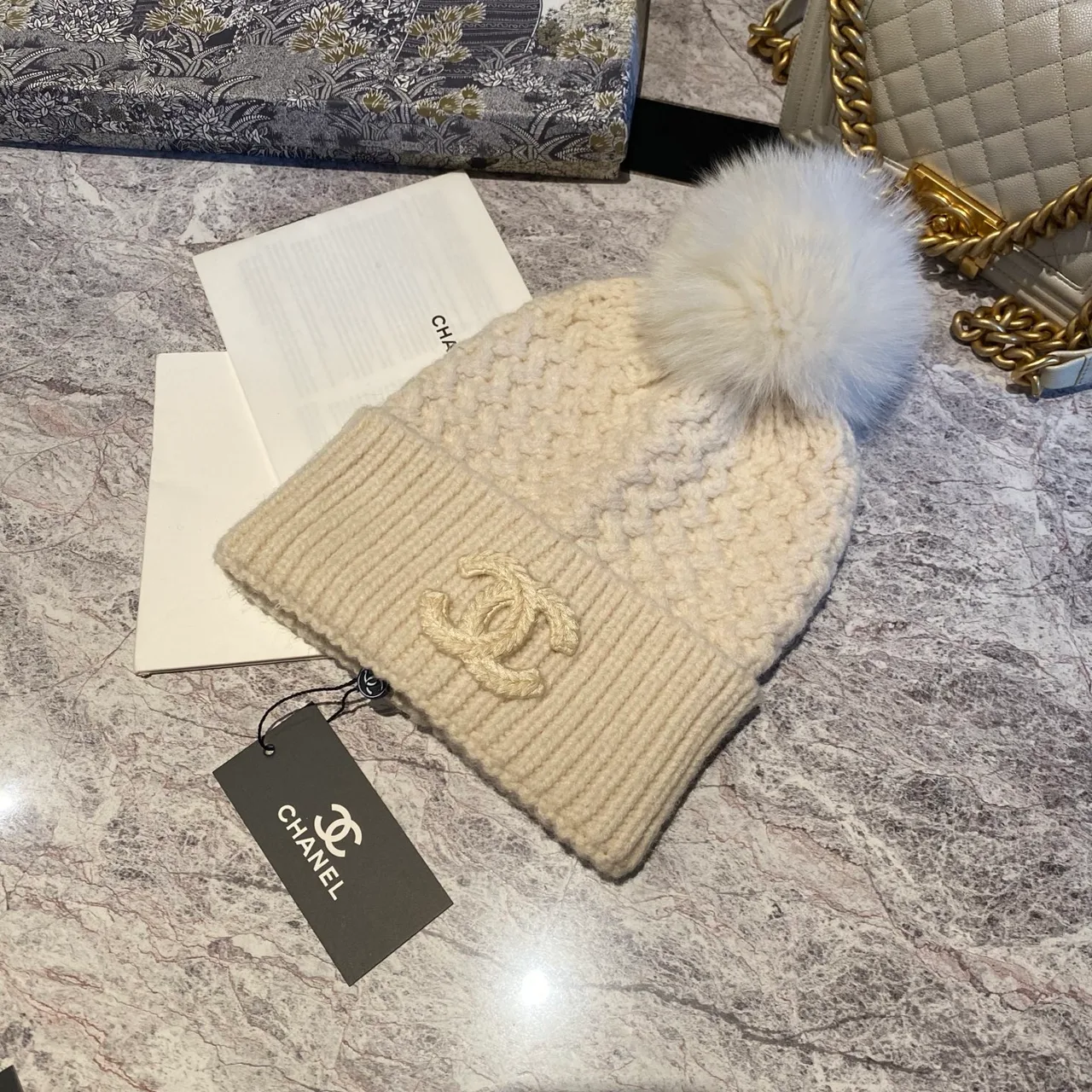 Chanel Pom Beanie in Black & White & Beige & Grey · view 3