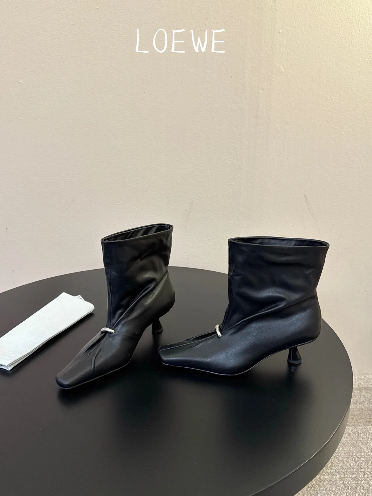 Loewe Cowhide Glossy Square-Toe Round-Toe Ankle Boots in Black · view 3