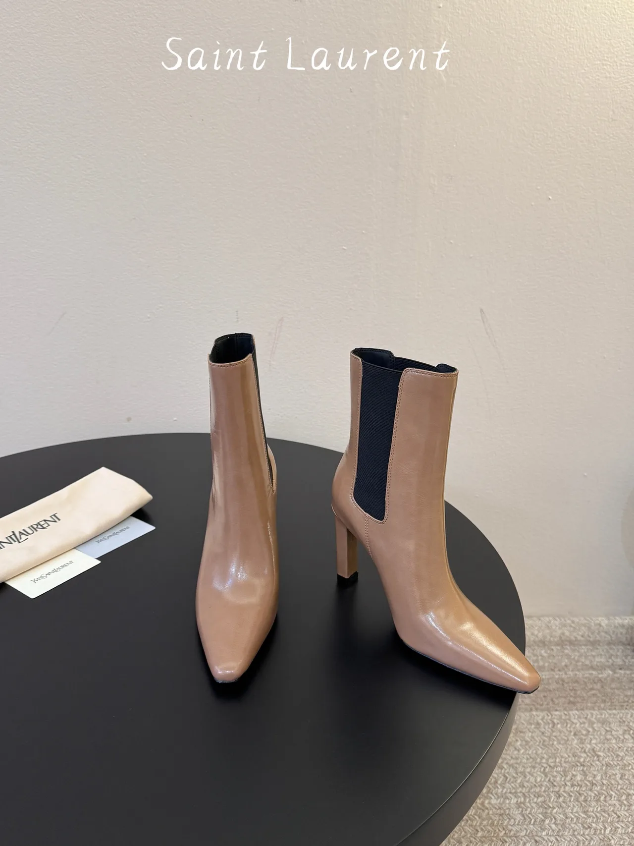 Saint Laurent Cowhide Sheepskin Glossy Pointed-Toe Chelsea Heel Boots in Beige · view 2