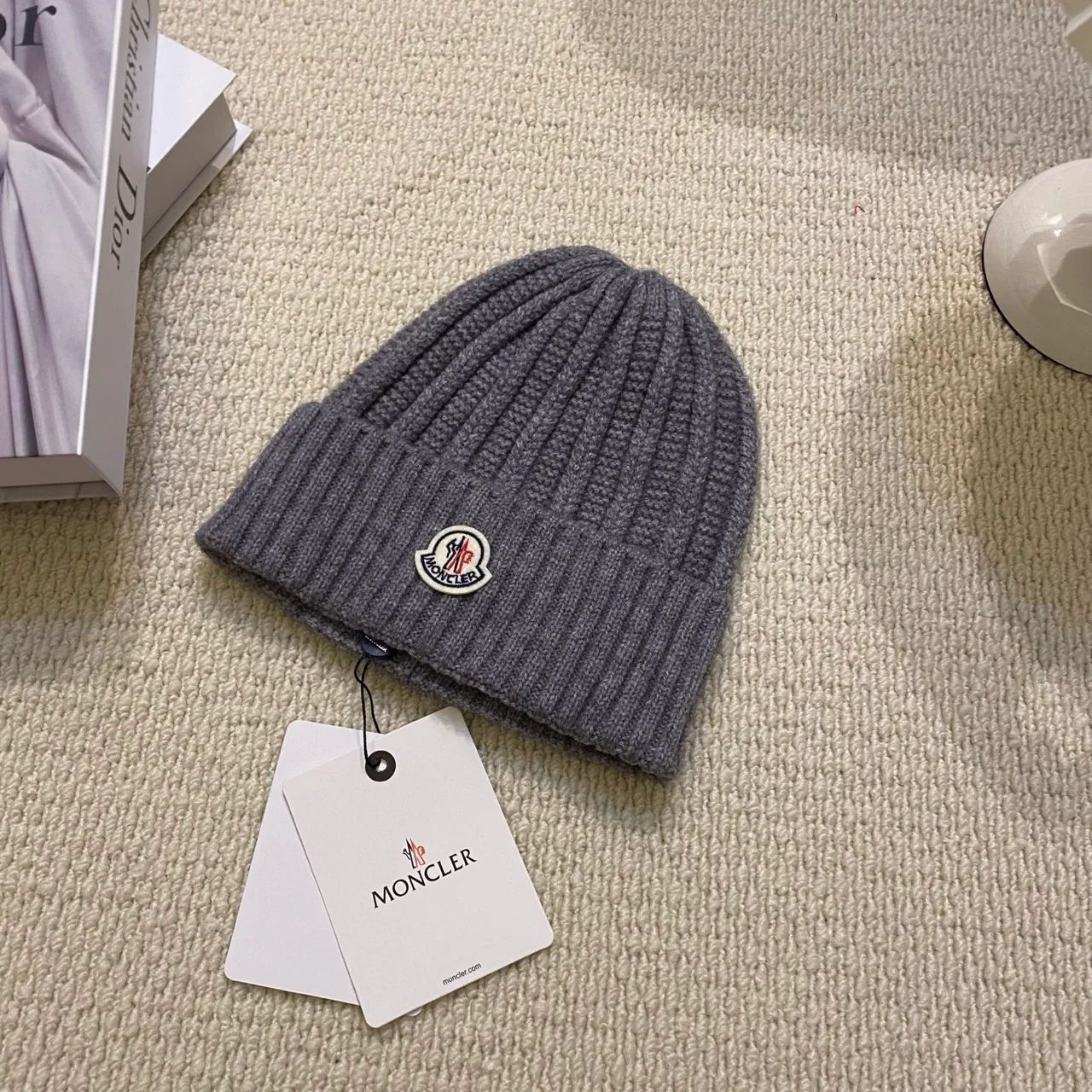 Moncler Ribbed Beanie in Black & White & Grey & Purple & Burgundy · view 4