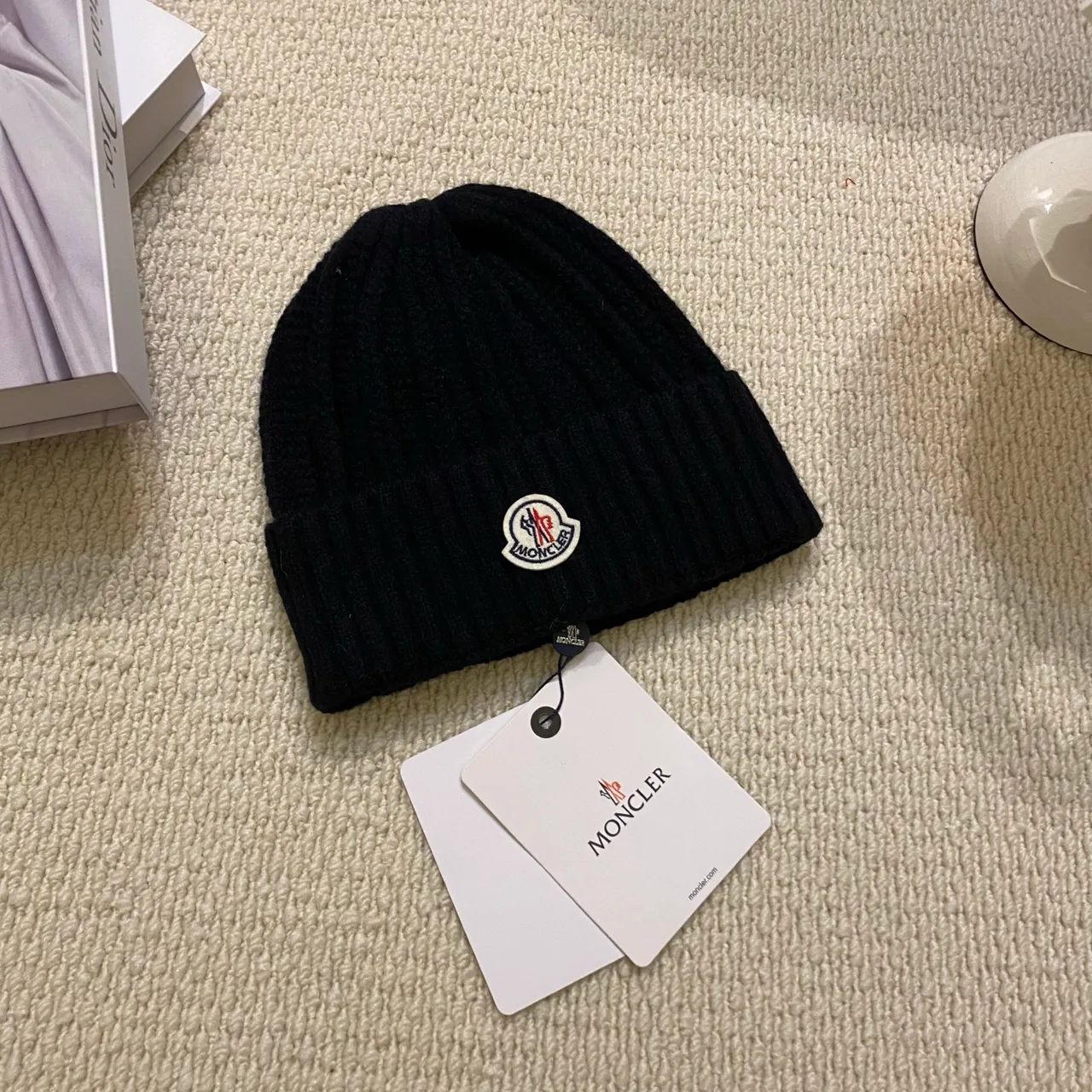 Moncler Ribbed Beanie in Black & White & Grey & Purple & Burgundy · view 1