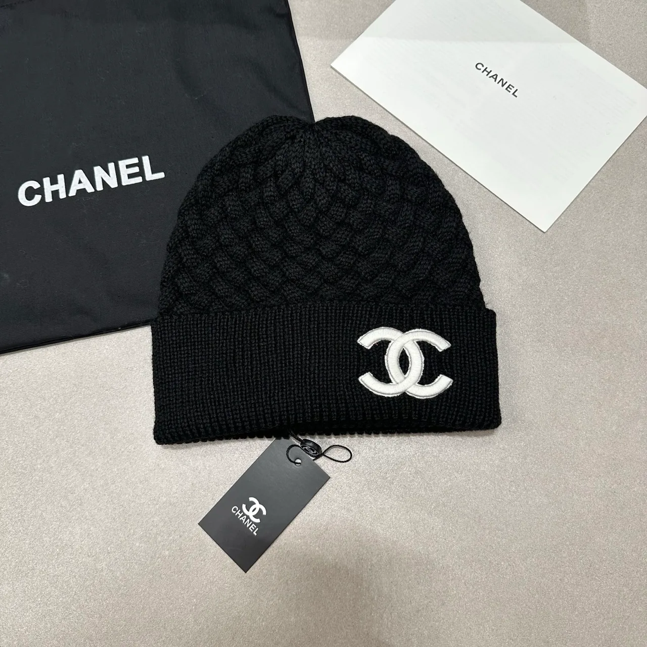 Chanel Textured CC knit beanie in Black & Pink & Cream · view 1