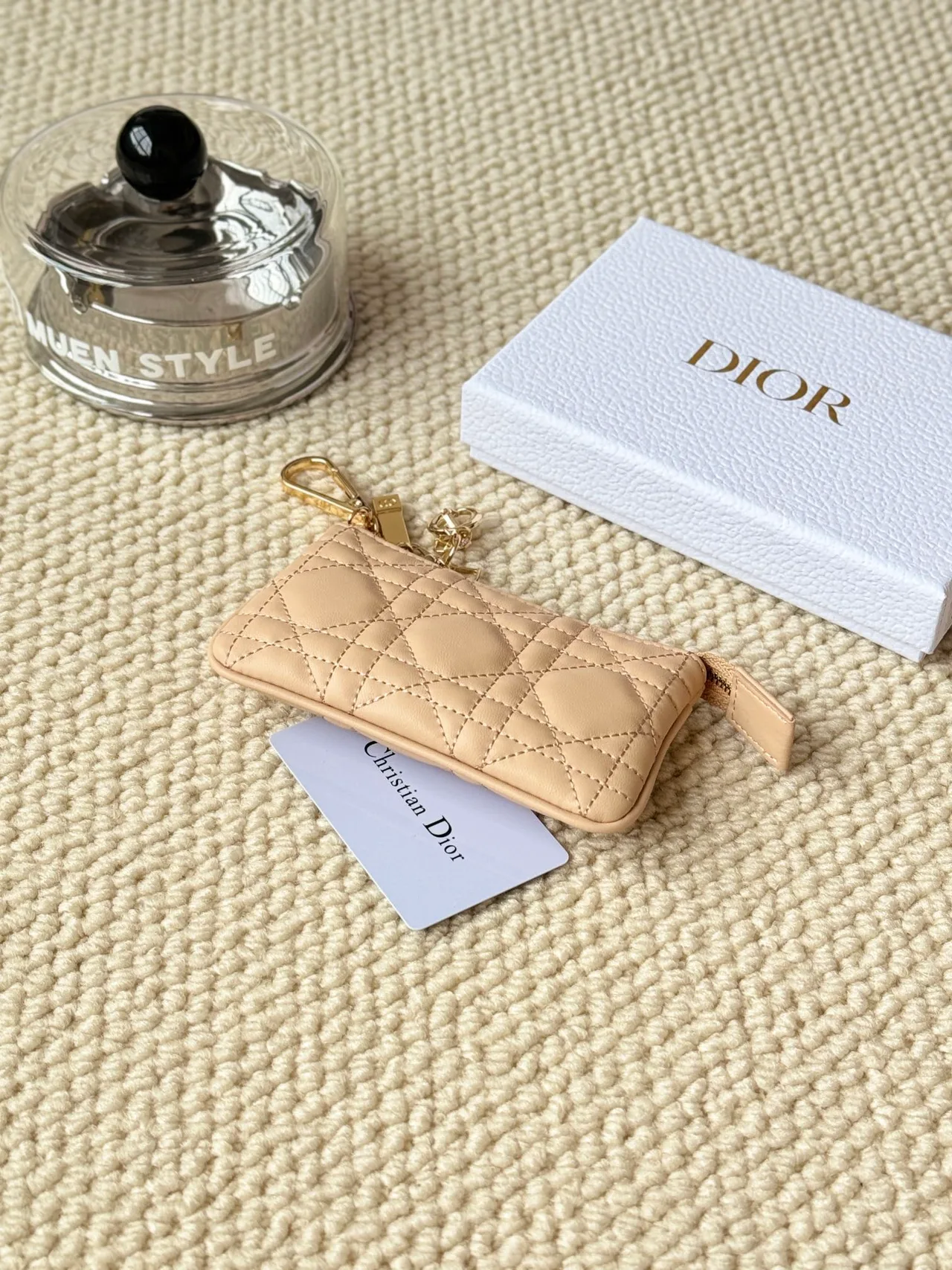 Dior Lambskin Quilted Zip Key Pouch in Beige · view 3