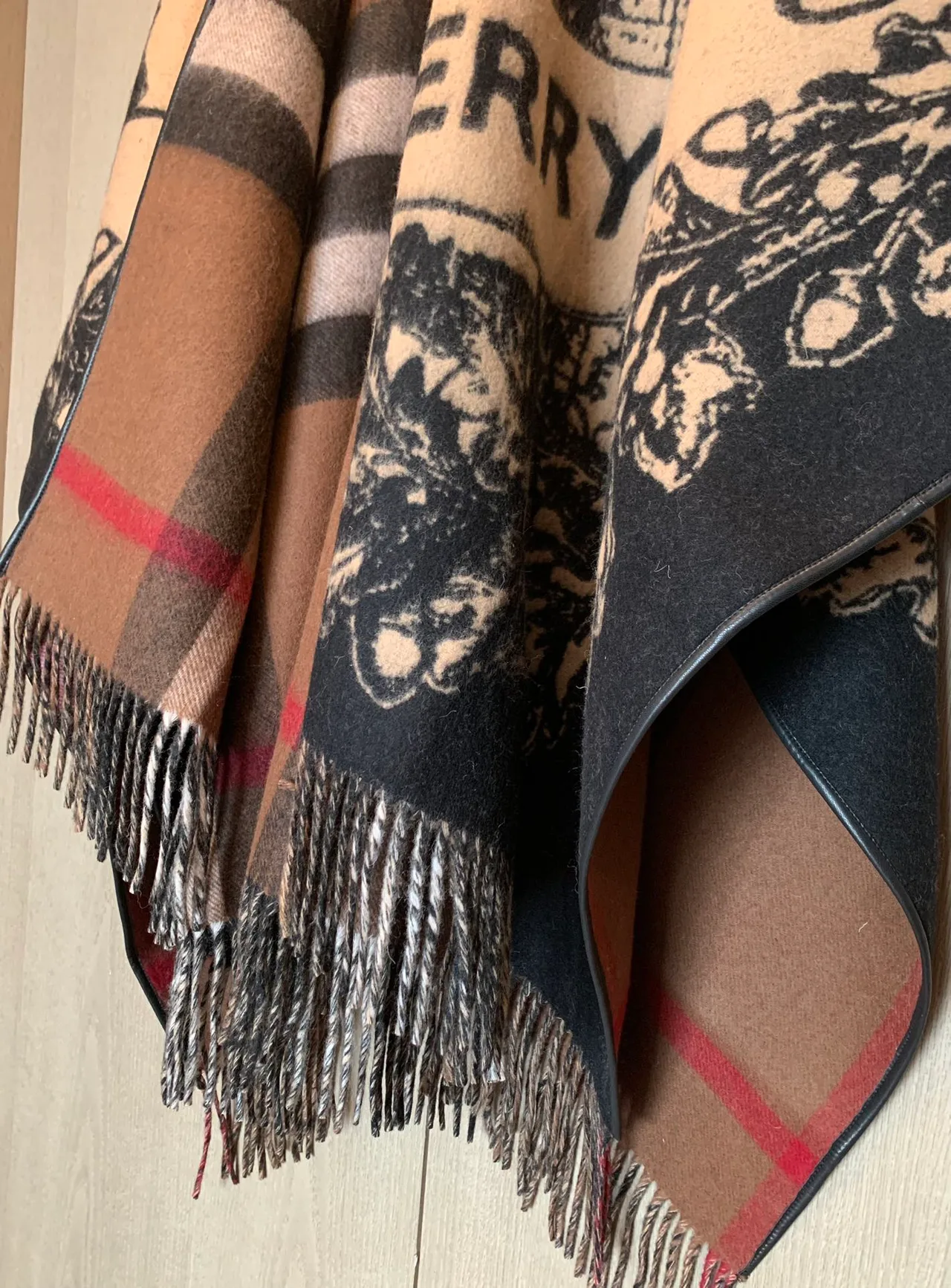 Burberry Wool Cashmere Reversible Check and Equestrian Poncho in Beige · view 9