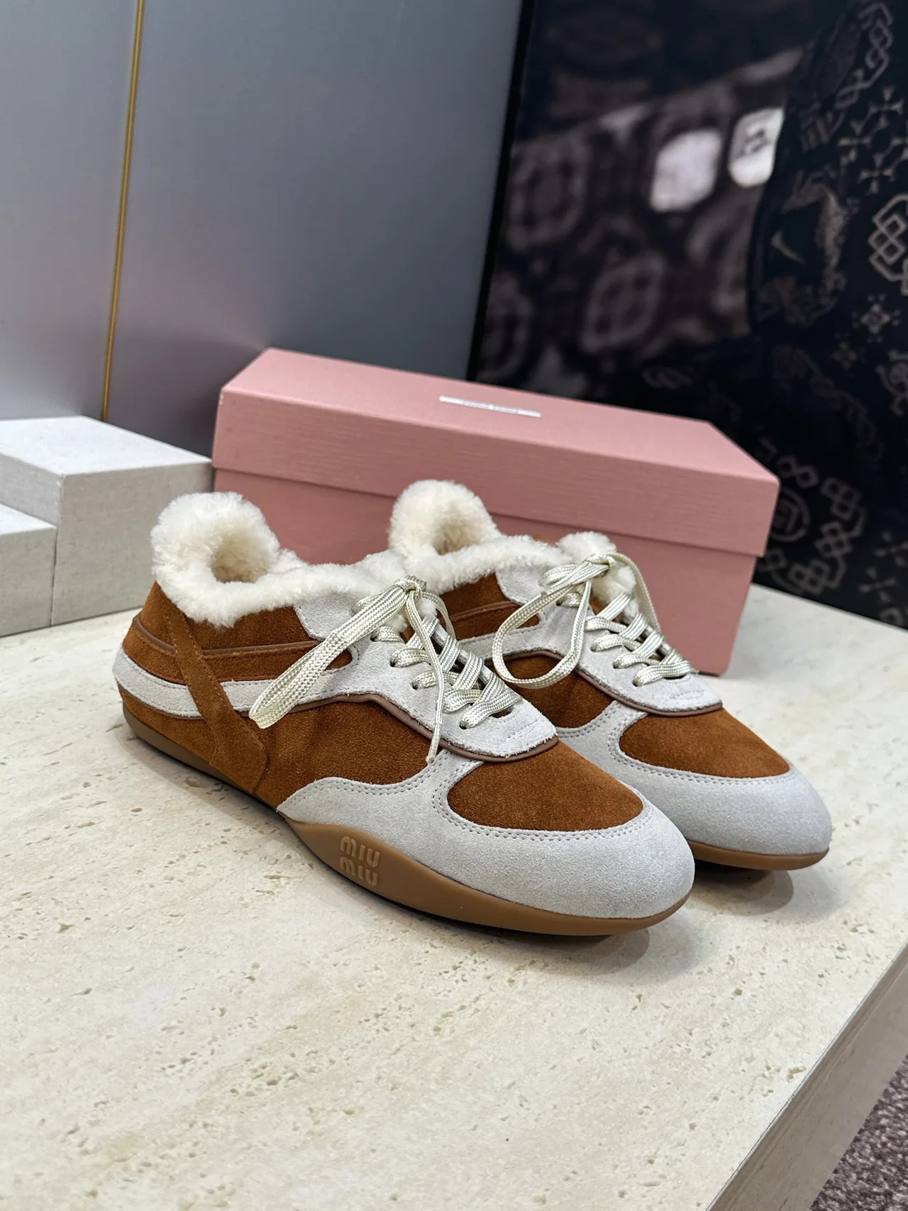 Miu Miu Striped Suede-Look Round-Toe Sneakers in Brown · view 1