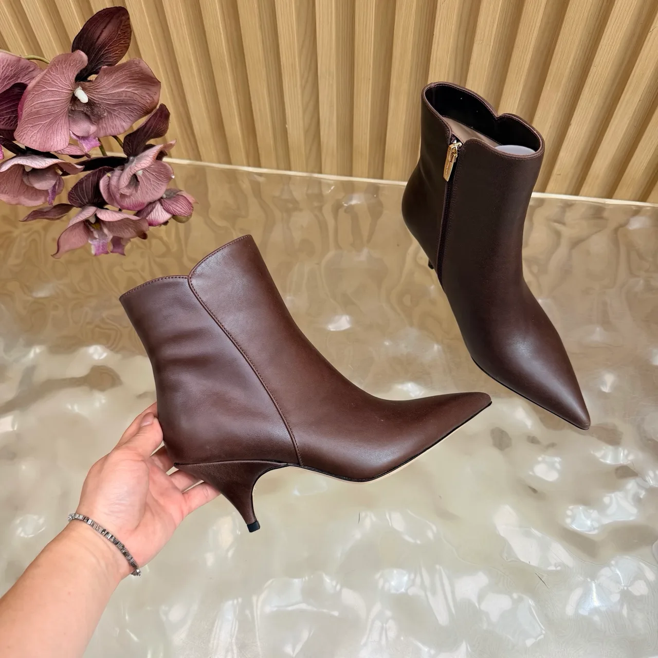 Gianvito Rossi Smooth Pointed-Toe Pointed Ankle Boots in Brown · view 8