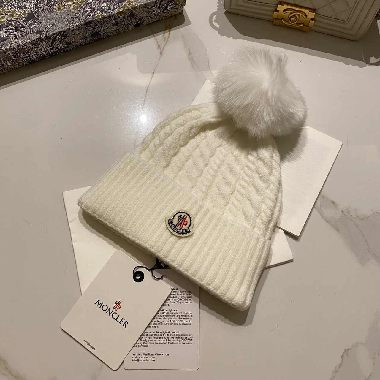 Moncler Pom-Pom Beanie in Black & White & Cream & Tan & Grey & Burgundy & Brown · view 2