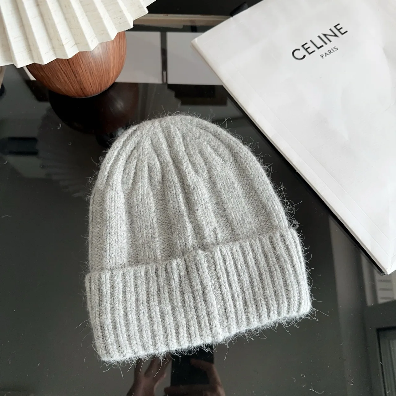 Celine Ribbed Embroidered Beanie in Grey · view 5