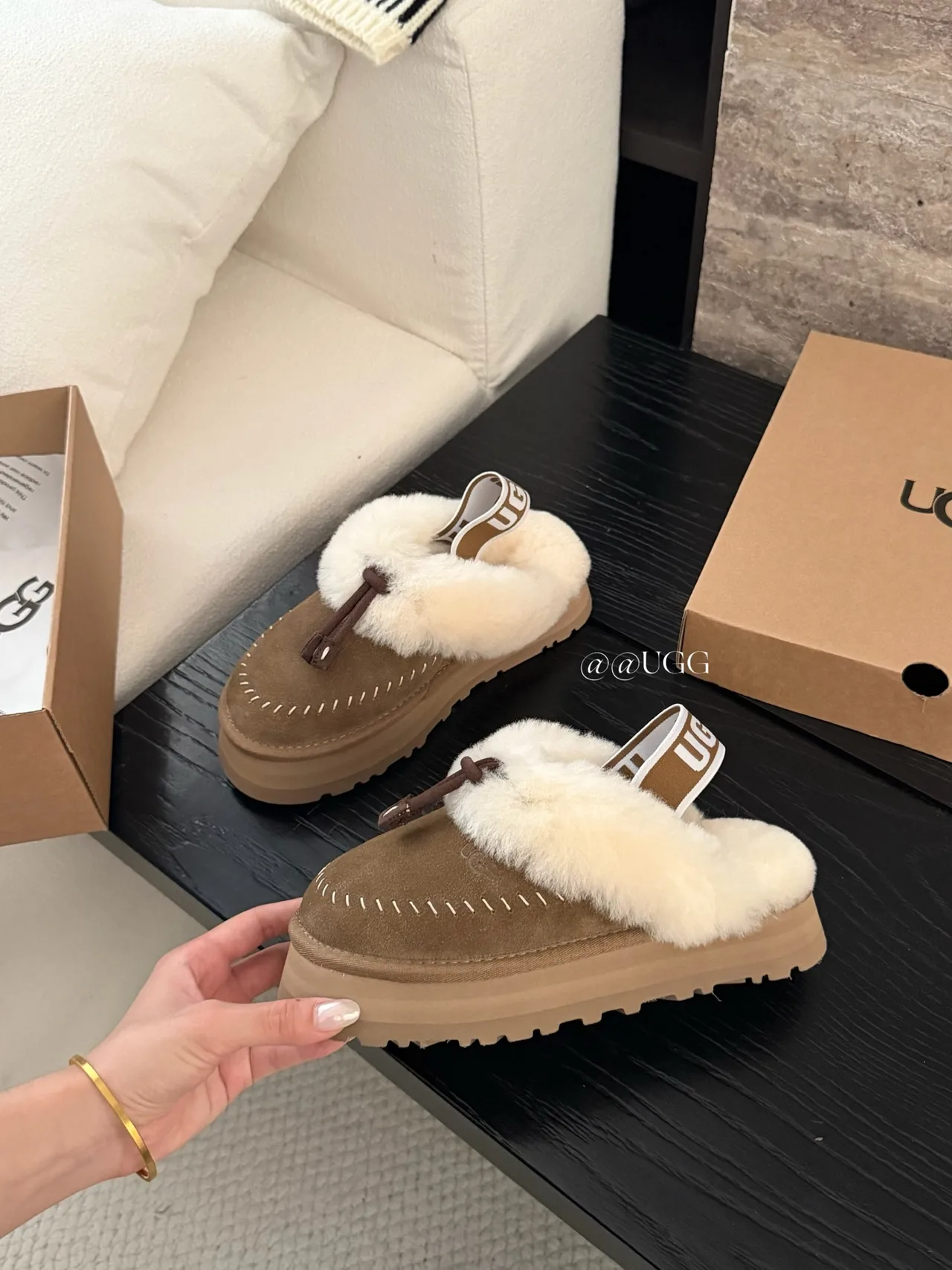 UGG Cowhide Wool Suede-Look Tassel Slippers in Brown · view 4