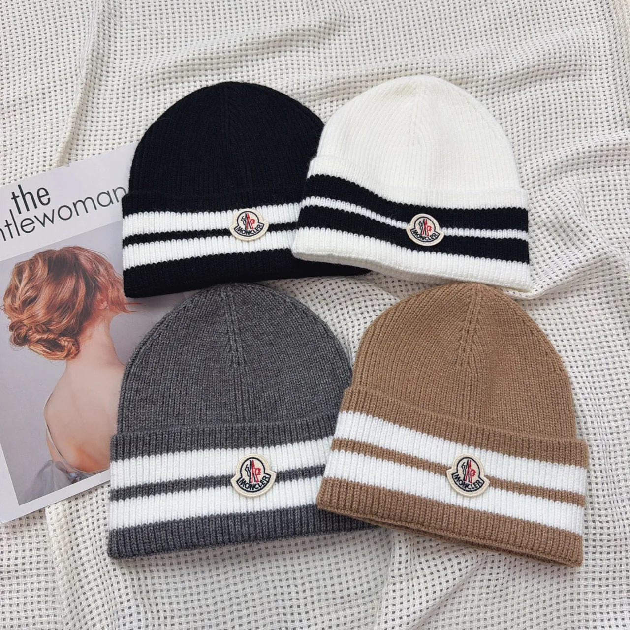 Moncler Striped-Cuff Beanie in Black & White & Brown & Grey & Burgundy & Red & Blue · view 1