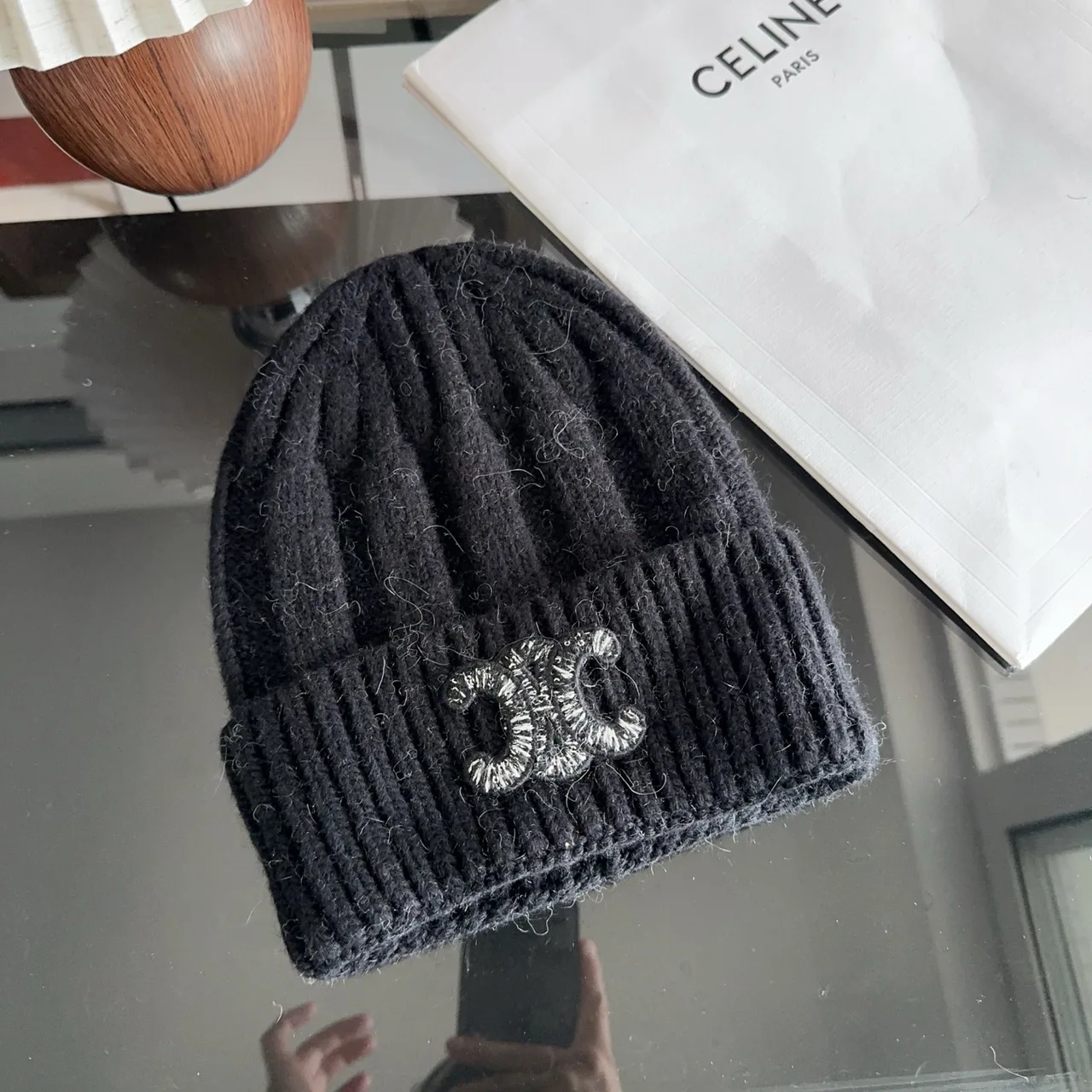 Celine Ribbed Beanie in Black · view 7