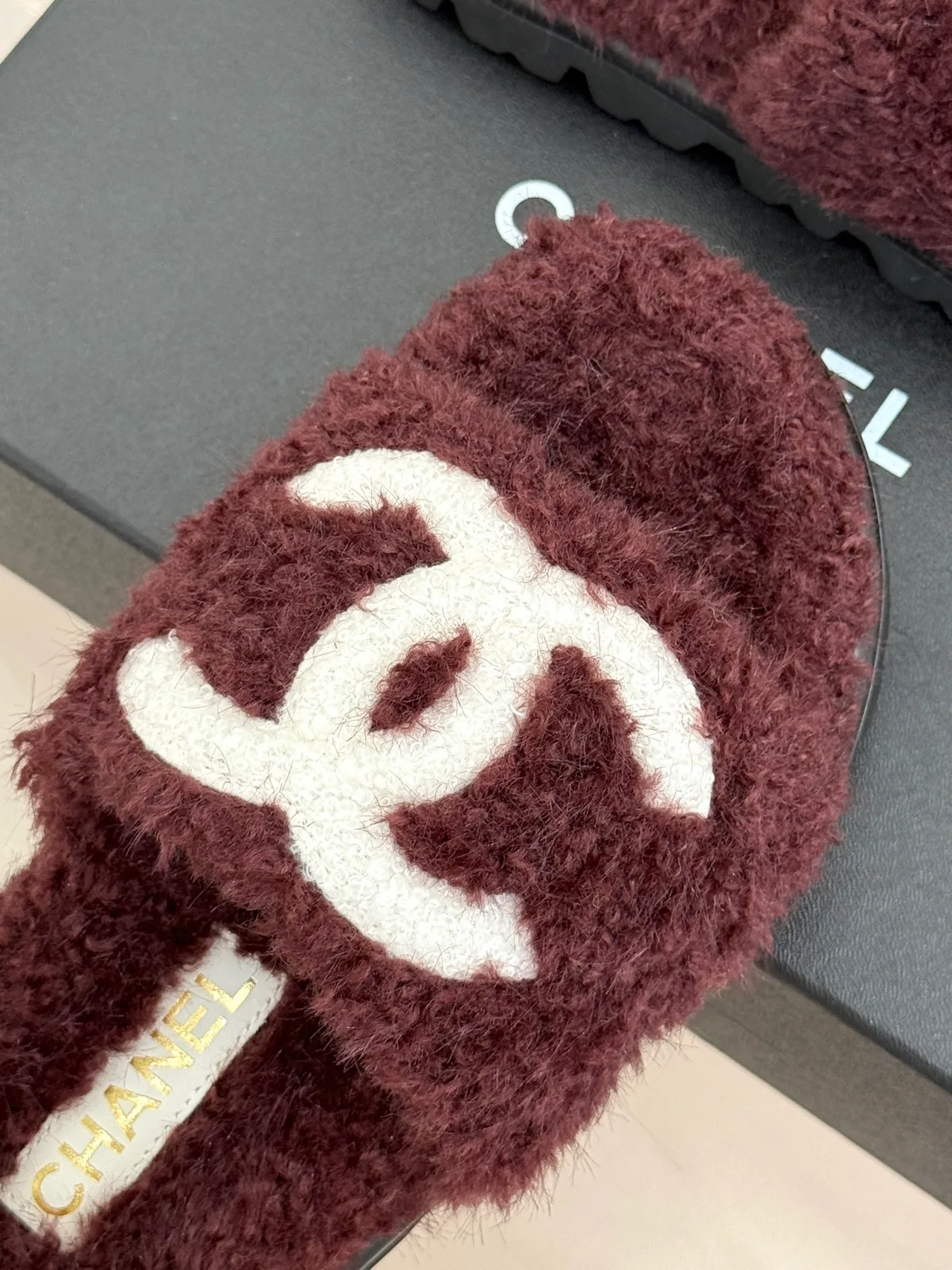 Chanel Denim Slippers in Burgundy · view 7
