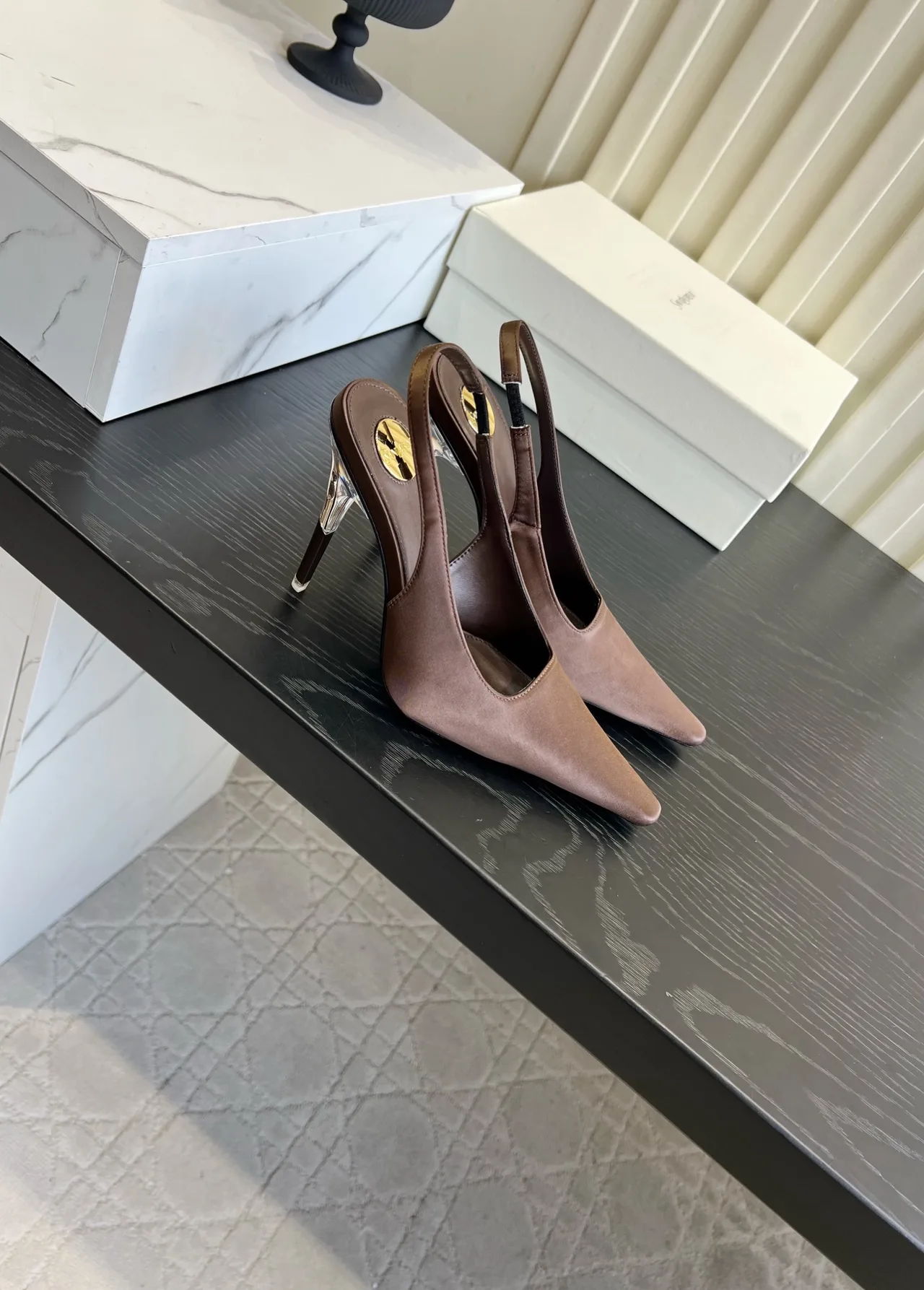 Saint Laurent Cowhide Silk Pointed-Toe Pointed Slingback Pumps in Brown · view 3