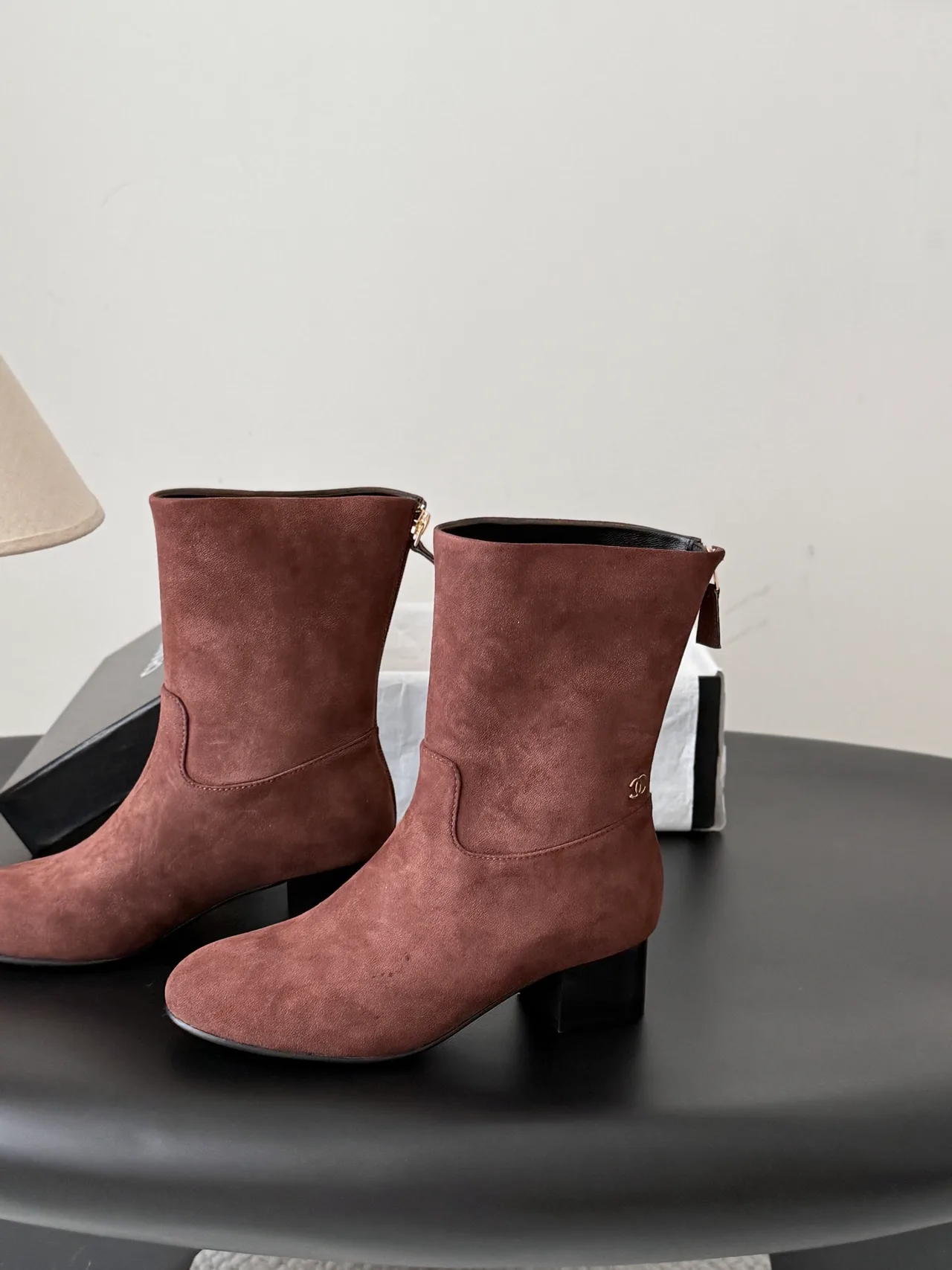Chanel Sheepskin Suede-Look Ankle Boots in Brown · view 2
