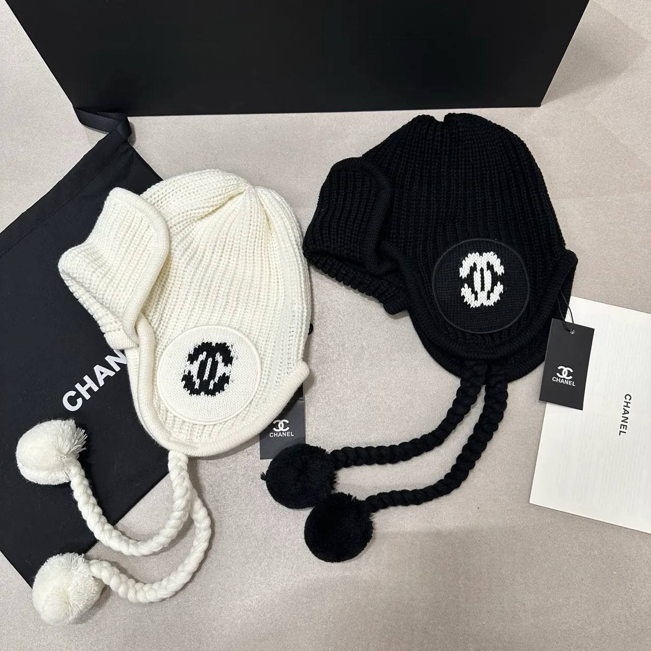 Chanel Earflap Knit Hat in Cream & Black · view 8