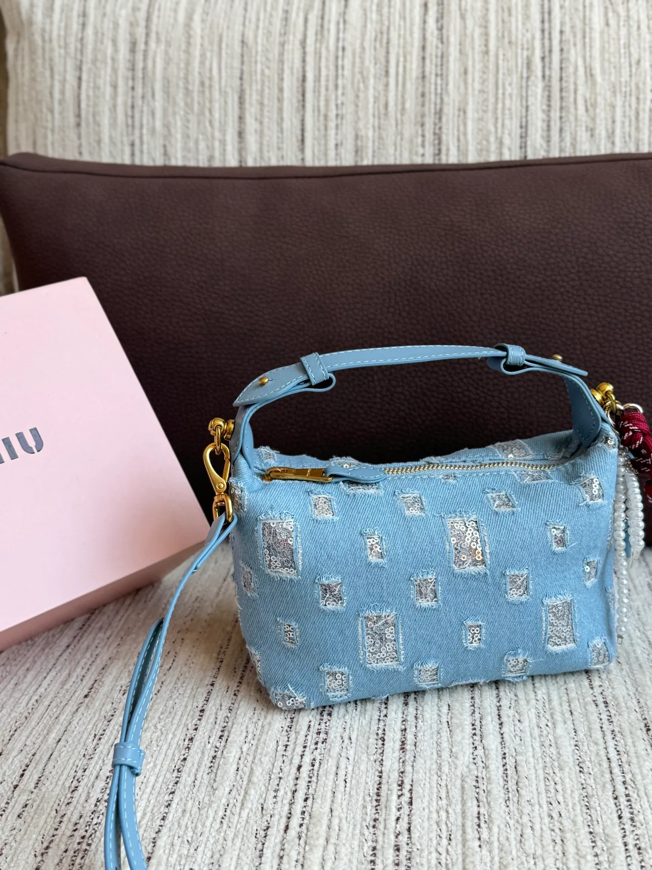 Miu Miu Canvas Denim-Look Sequin-Detail Vanity Bag in Blue · view 2