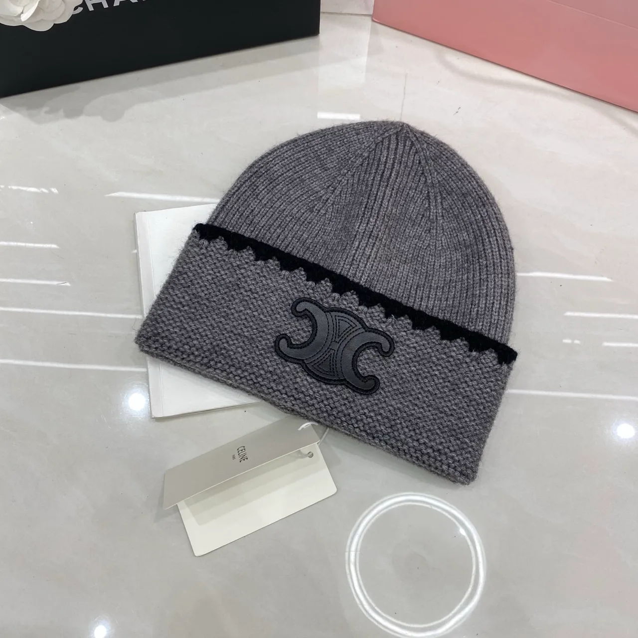 Celine Triomphe Beanie in Black & Brown & White & Grey · view 4