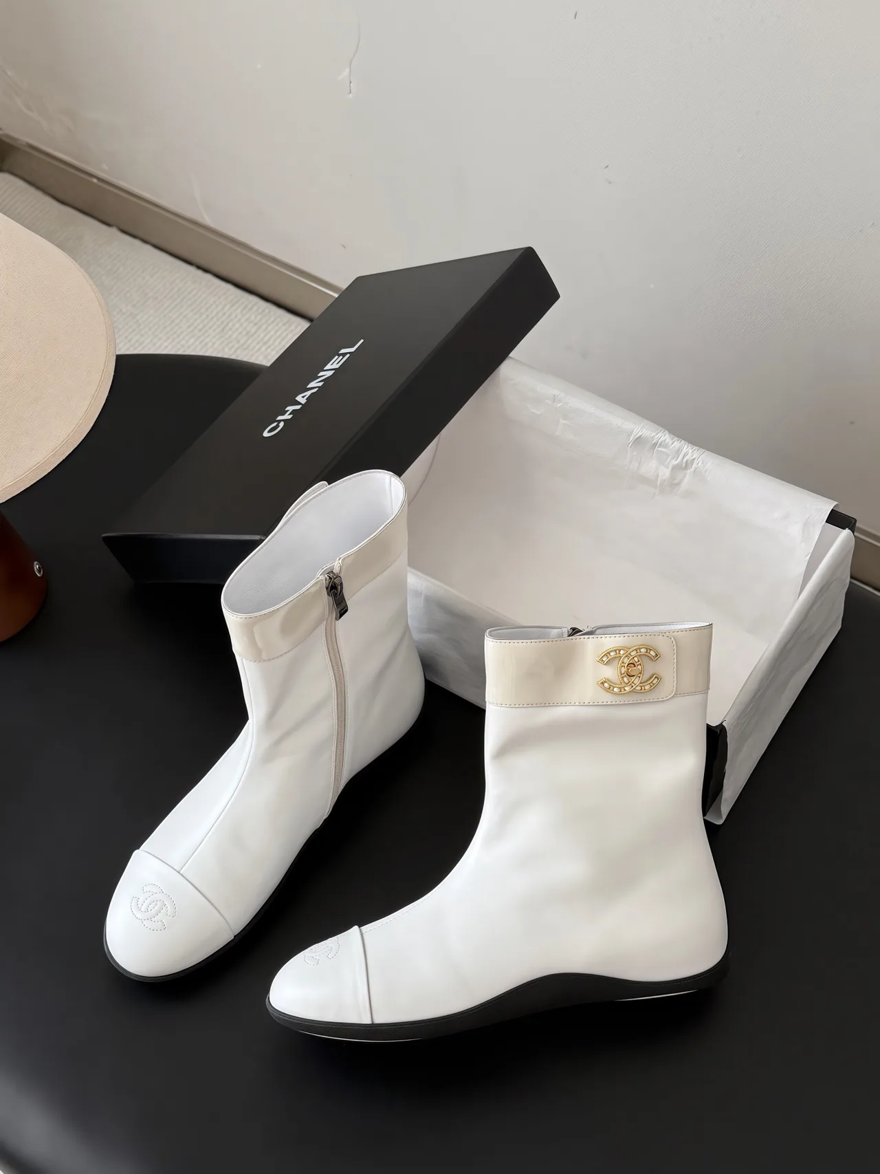 Chanel Cowhide Glossy Ankle Boots in White · view 4