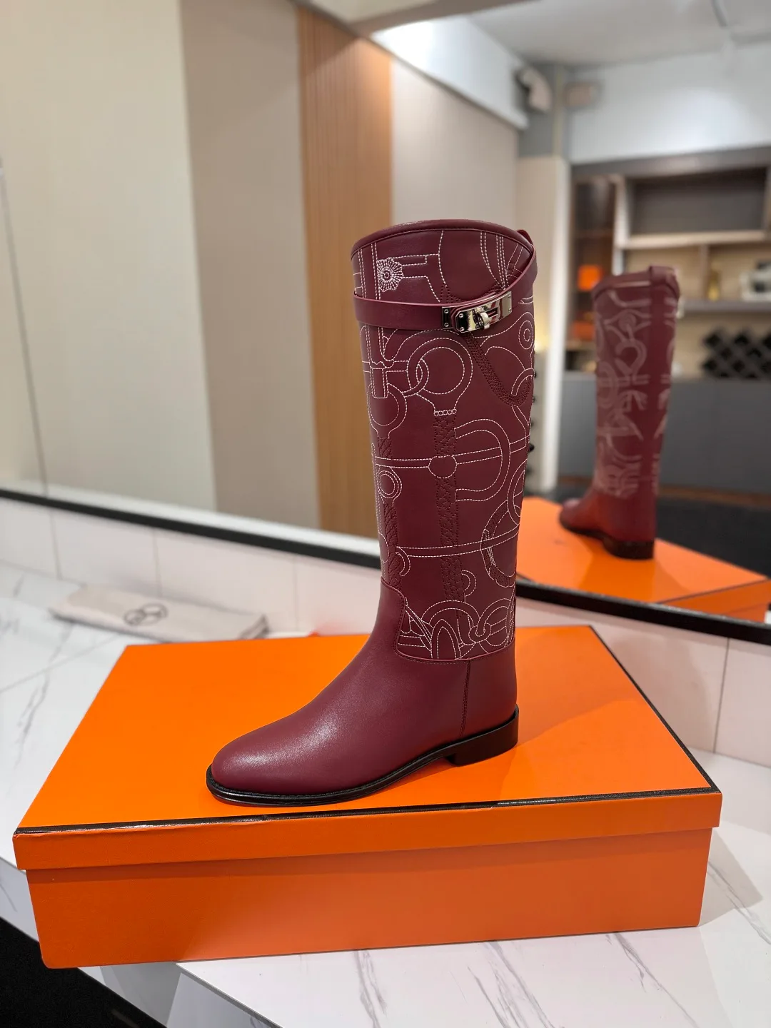Hermes Cowhide Boots in Burgundy · view 6