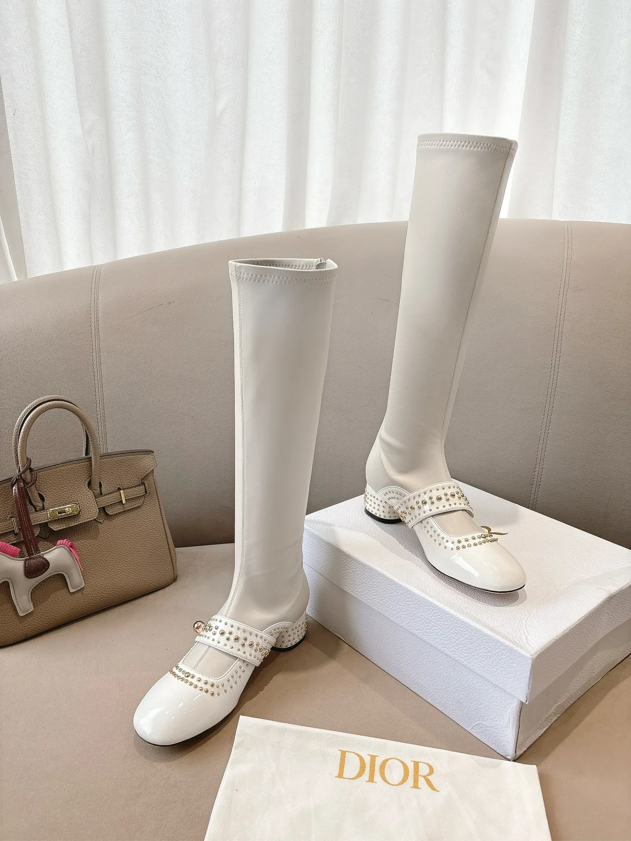 Dior Sheepskin Patent Leather Glossy Pointed-Toe Buckle Knee-High Boots in White · view 5