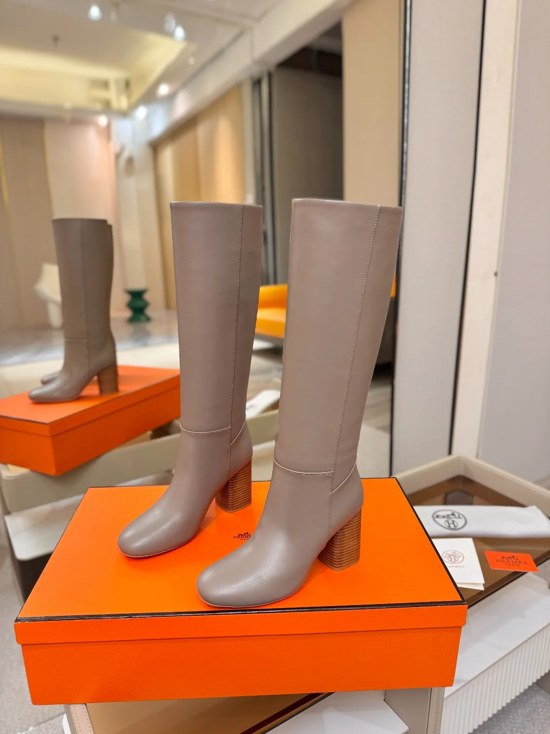 Hermes Cowhide Knee-High Boots in Grey · view 3