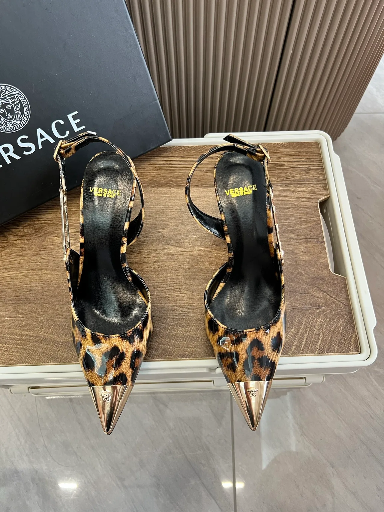 Versace Pointed-Toe Leopard-Print Slingback Pumps in Brown · view 1
