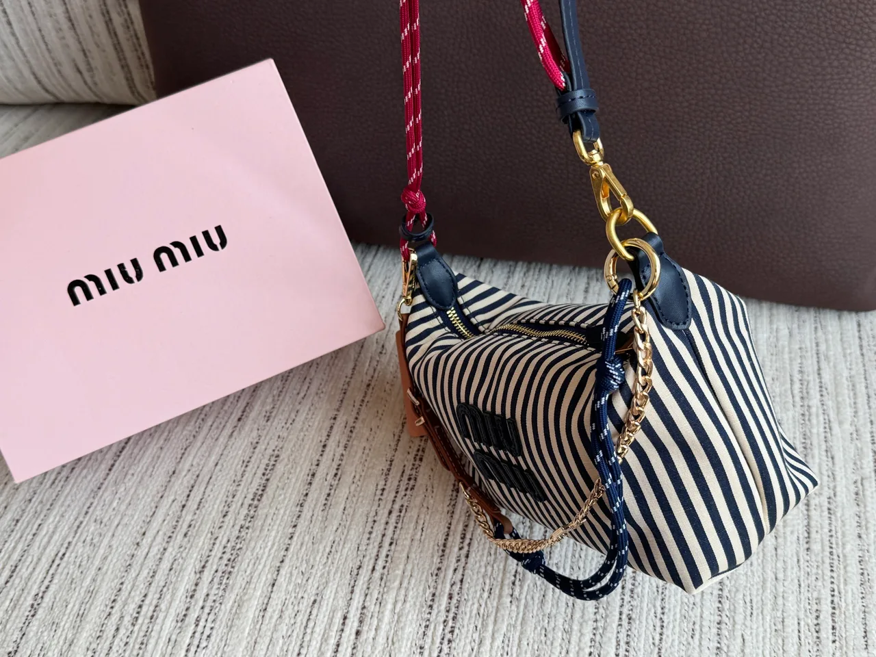 Miu Miu Striped Glossy Hobo Bag in Blue · view 2