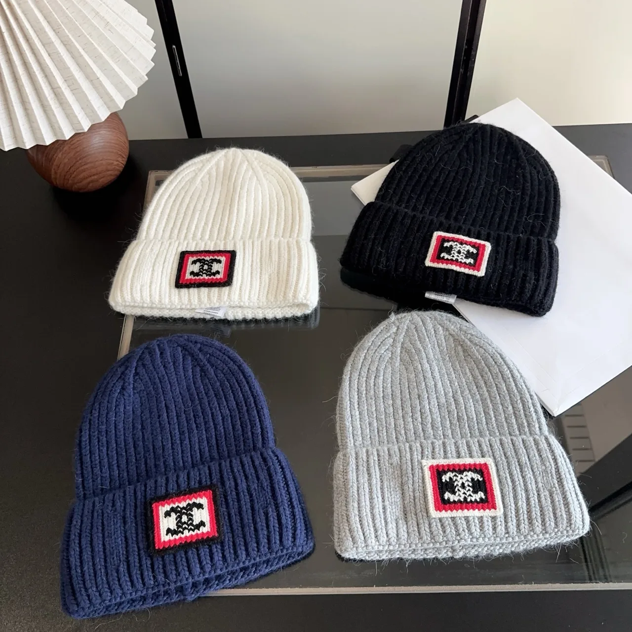 Chanel Patch Ribbed Beanie in White & Black & Blue & Grey · view 2