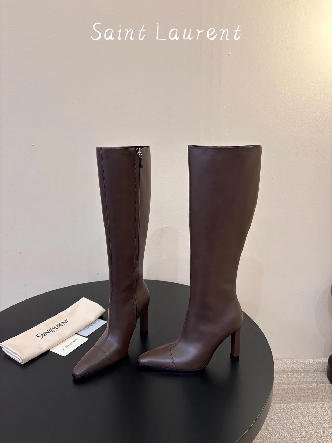 Saint Laurent Cowhide Sheepskin Glossy Pointed-Toe Knee-High Boots in Brown · view 3
