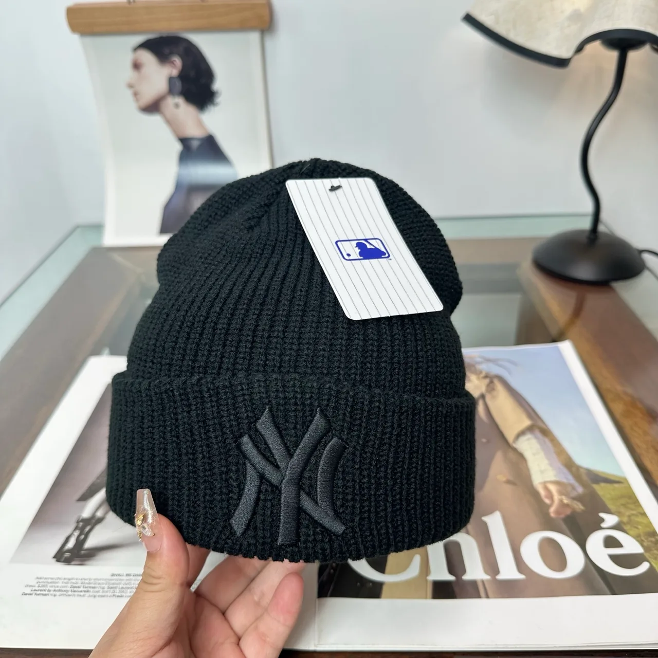 NY Letter Ribbed Beanie in Black · view 8
